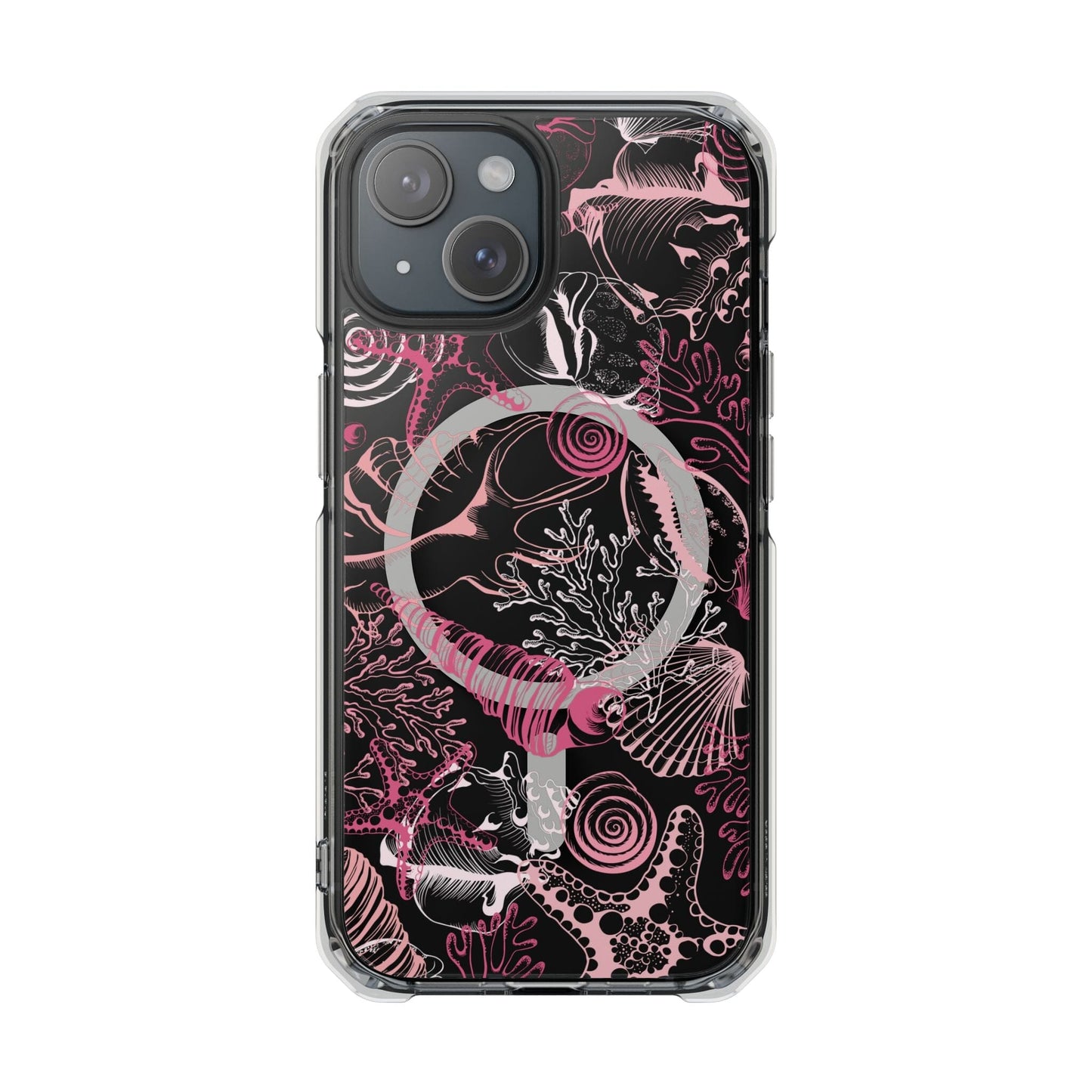 MagSafe® Compatable Clear Phone Case • Pink Seashells Summer Phone Case Designed to fit iPhone 14-16 Models Phone Case Printify iPhone 15