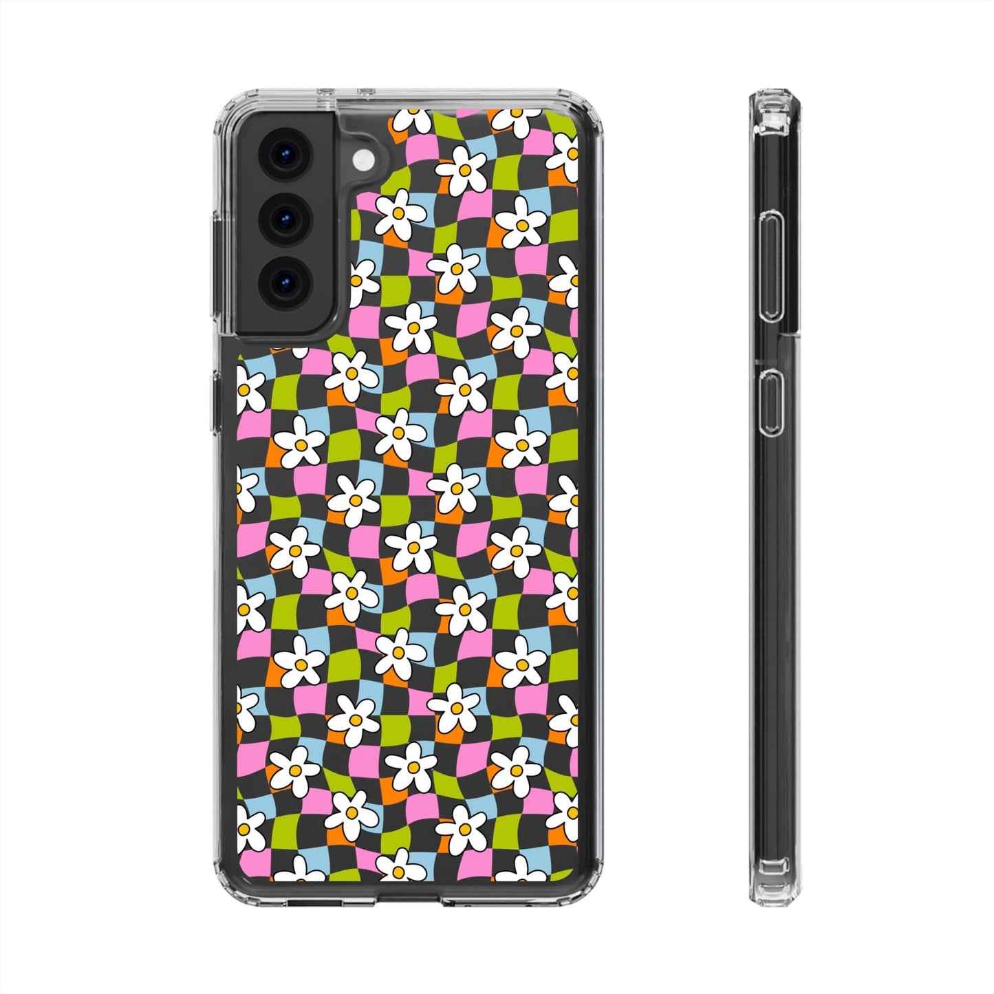 Trendy y2k Aesthetic iPhone Cases, Clear Phone Case • Checkered Daisy Phone Case Designed to fit most iPhone and Samsung Models Phone Case Printify Samsung Galaxy S21 Plus Without gift packaging