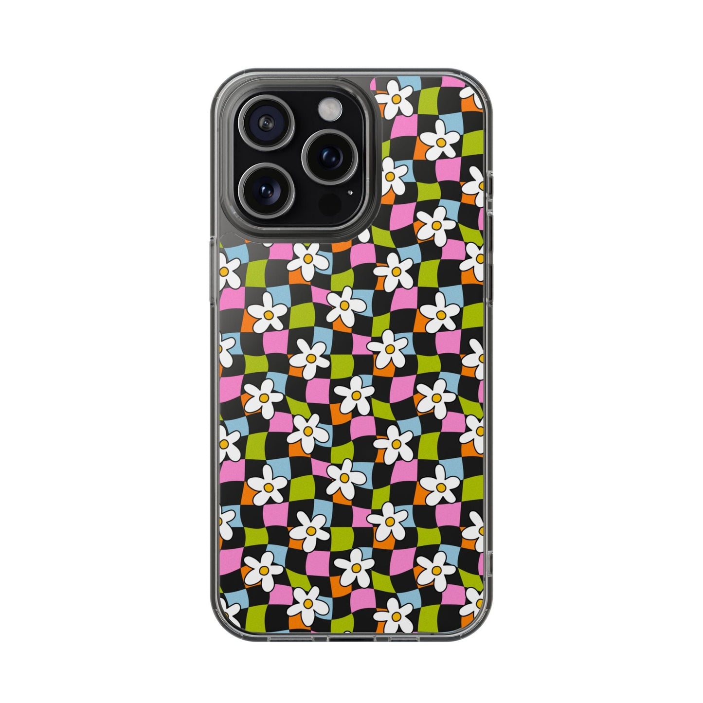 Trendy y2k Aesthetic iPhone Cases, Clear Phone Case • Checkered Daisy Phone Case Designed to fit most iPhone and Samsung Models Phone Case Printify iPhone 15 Pro Max Without gift packaging