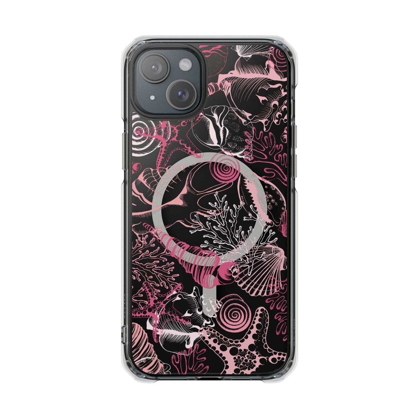 MagSafe® Compatable Clear Phone Case • Pink Seashells Summer Phone Case Designed to fit iPhone 14-16 Models Phone Case Printify iPhone 15 Plus