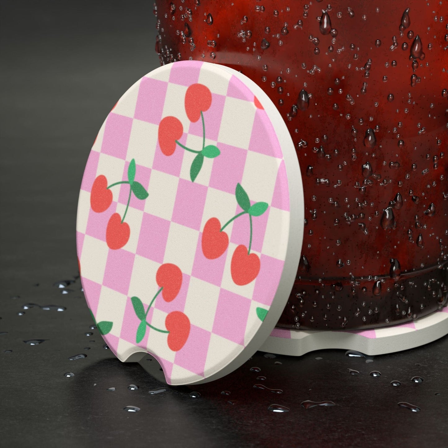 Coquette Checkered Cherries Car Coaster, Summer Vibes Car Decor • Cute Car Accessory Home Decor Printify