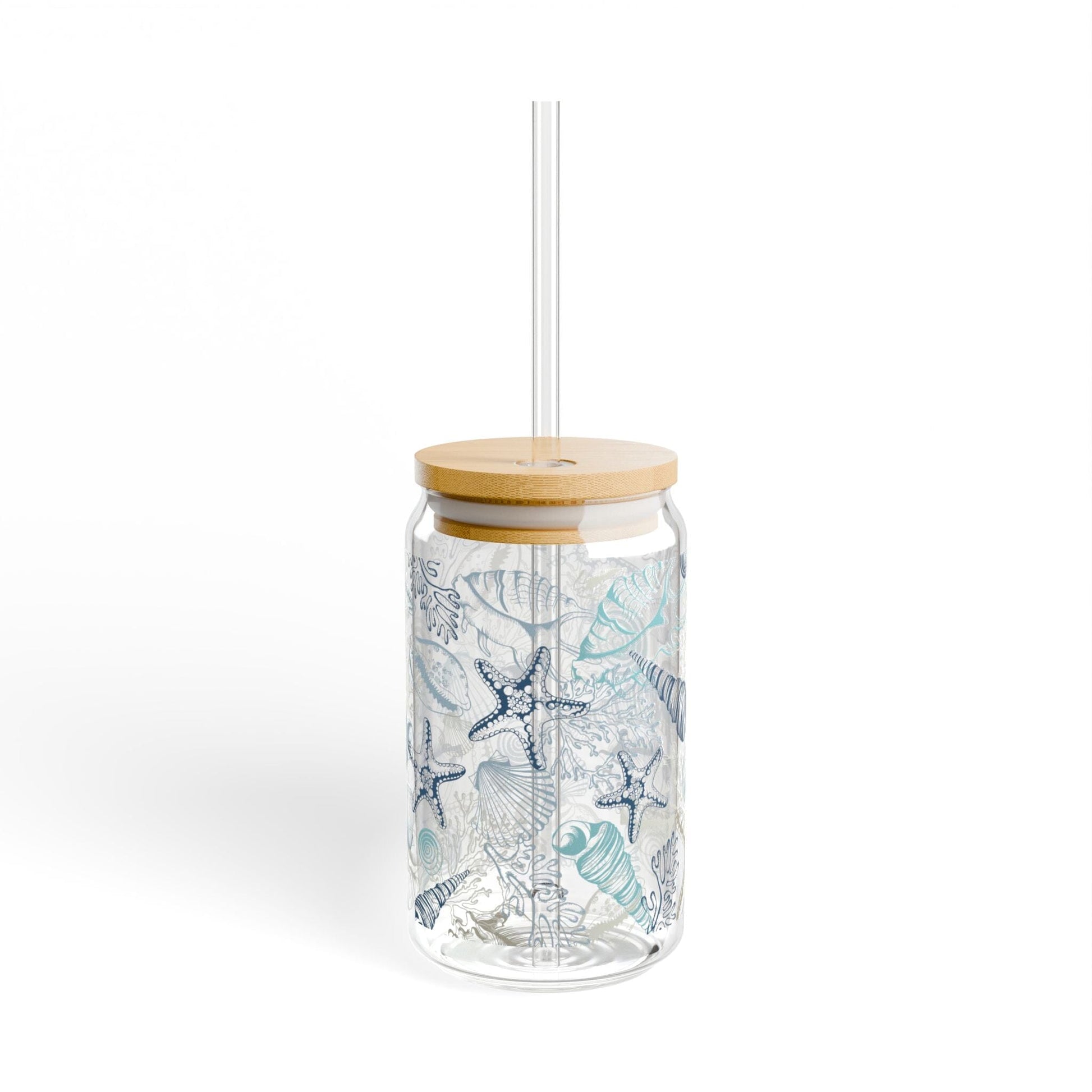 Coastal Vibes Blue Seashell Sipper Glass • 16oz Ocean-Inspired Iced Coffee Cup Mug Printify With lid and straw 16oz