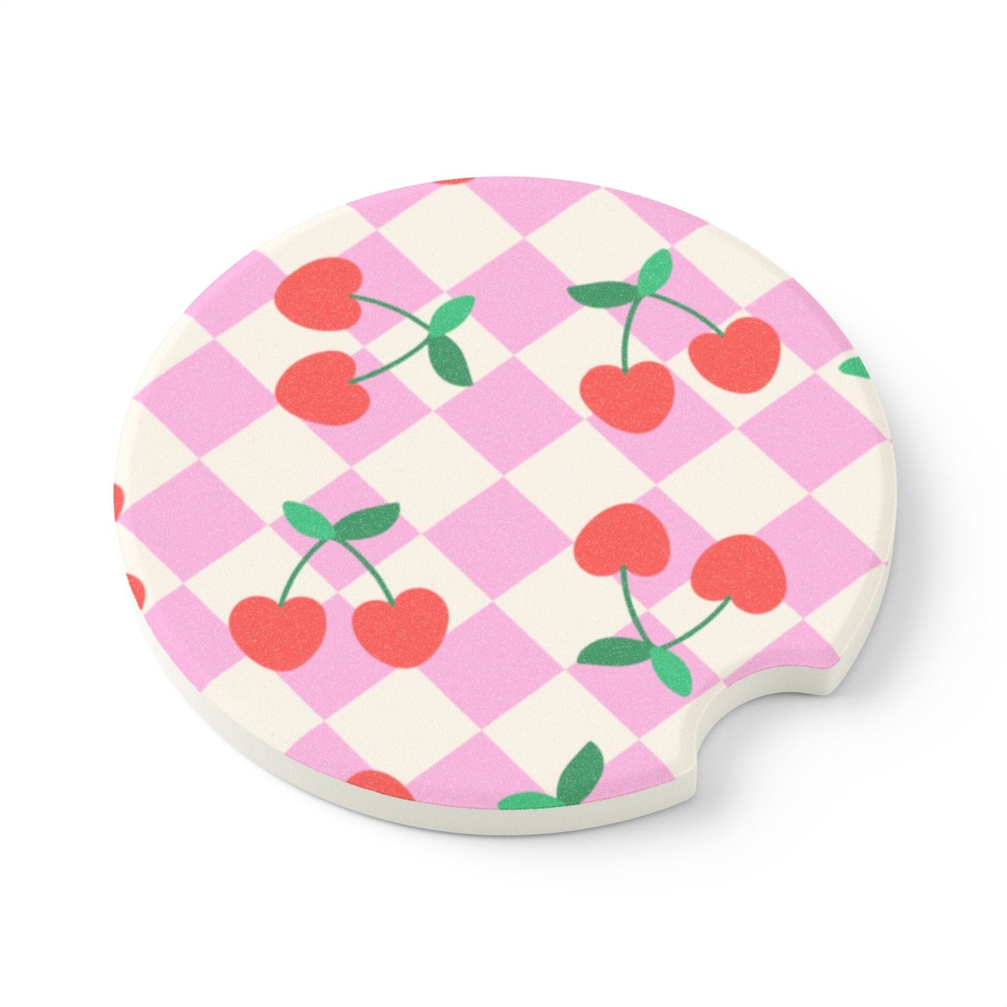 Coquette Checkered Cherries Car Coaster, Summer Vibes Car Decor • Cute Car Accessory Home Decor Printify