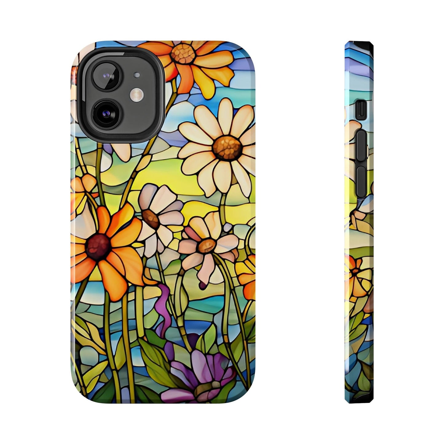 Stained Glass Daisies Impact Resistant Phone Case • Designed to fit most iPhone and Samsung Models Phone Case Printify iPhone 12 Mini