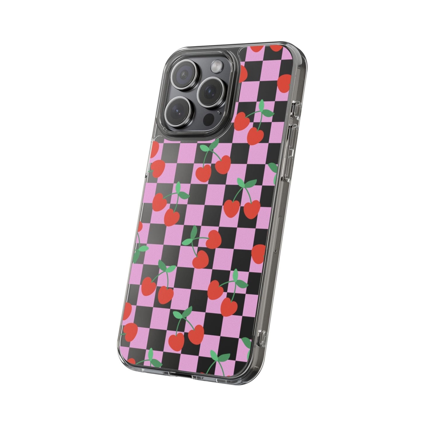 iPhone 16 Clear Case, Pink Checkered Cherry Phone Case • y2K Aesthetic Phone Cases Designed to fit most iPhone and Samsung Models Phone Case Printify