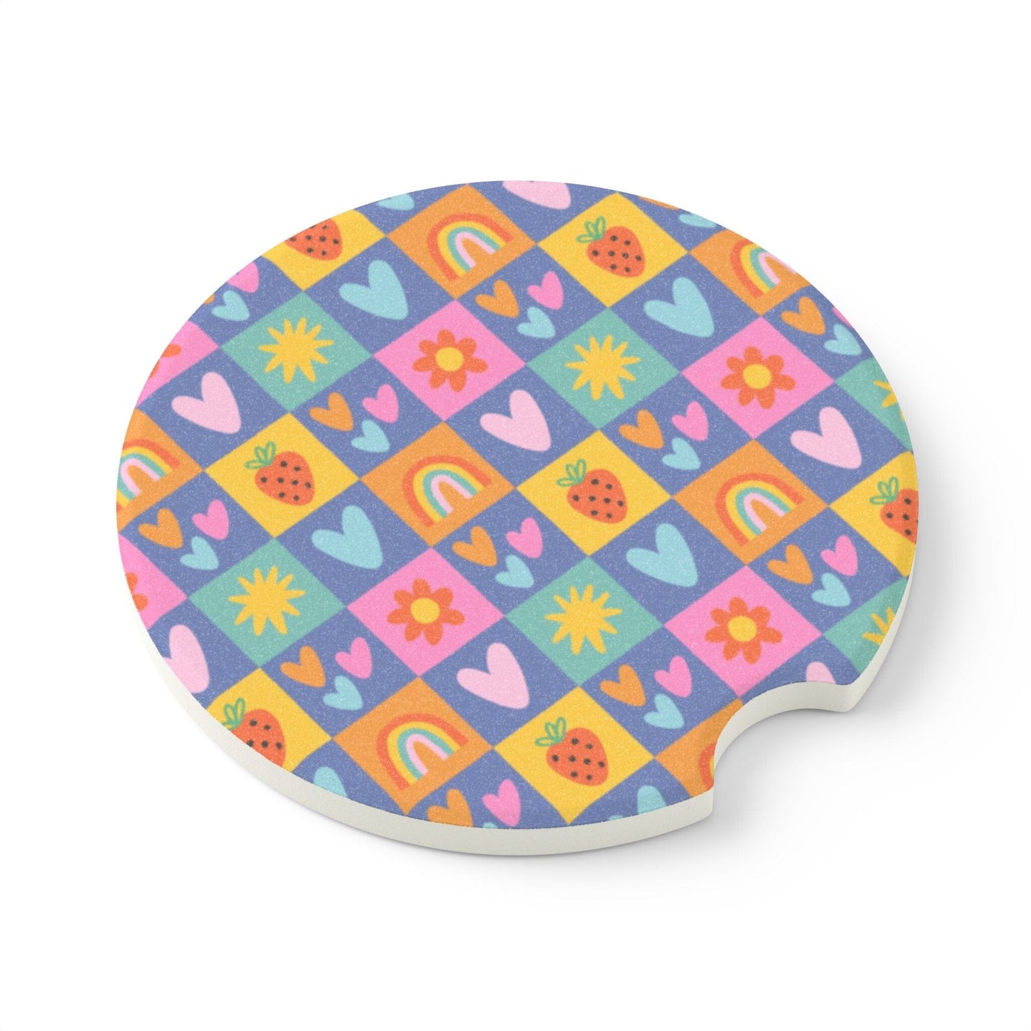 Colorful Checkered Car Coaster, Coquette Aesthetic Drink Holder Coaster • Cute Car Accessories Home Decor Printify