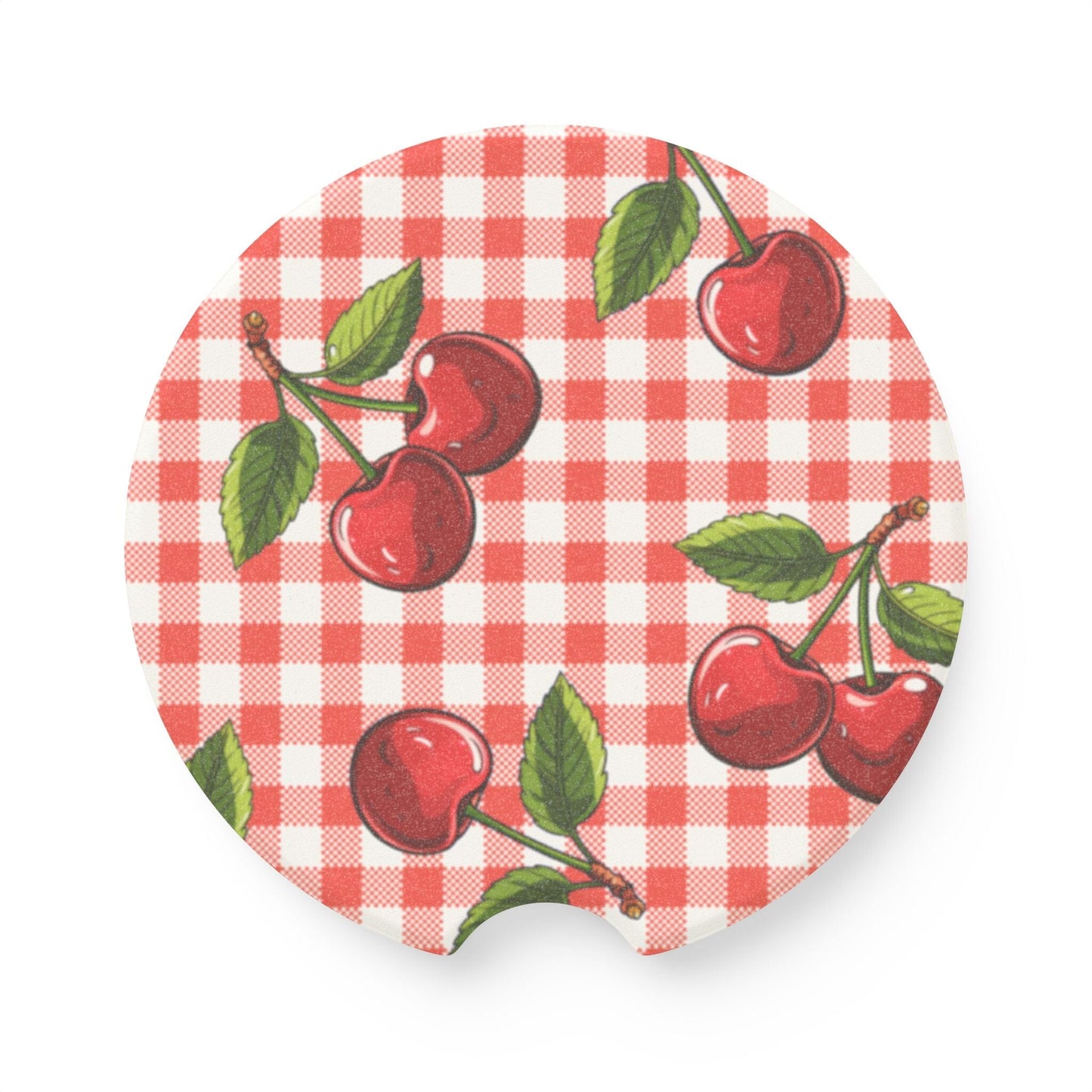 Checkered Cherries Car Coaster, Summer Fruit Car Decor • Cute Car Accessories Home Decor Printify 2.6'' × 2.6" 1pc