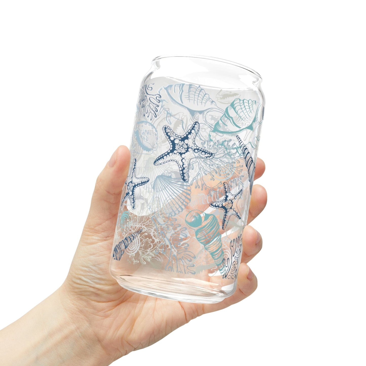 Coastal Vibes Blue Seashell Sipper Glass • 16oz Ocean-Inspired Iced Coffee Cup Mug Printify Without lid or straw 16oz