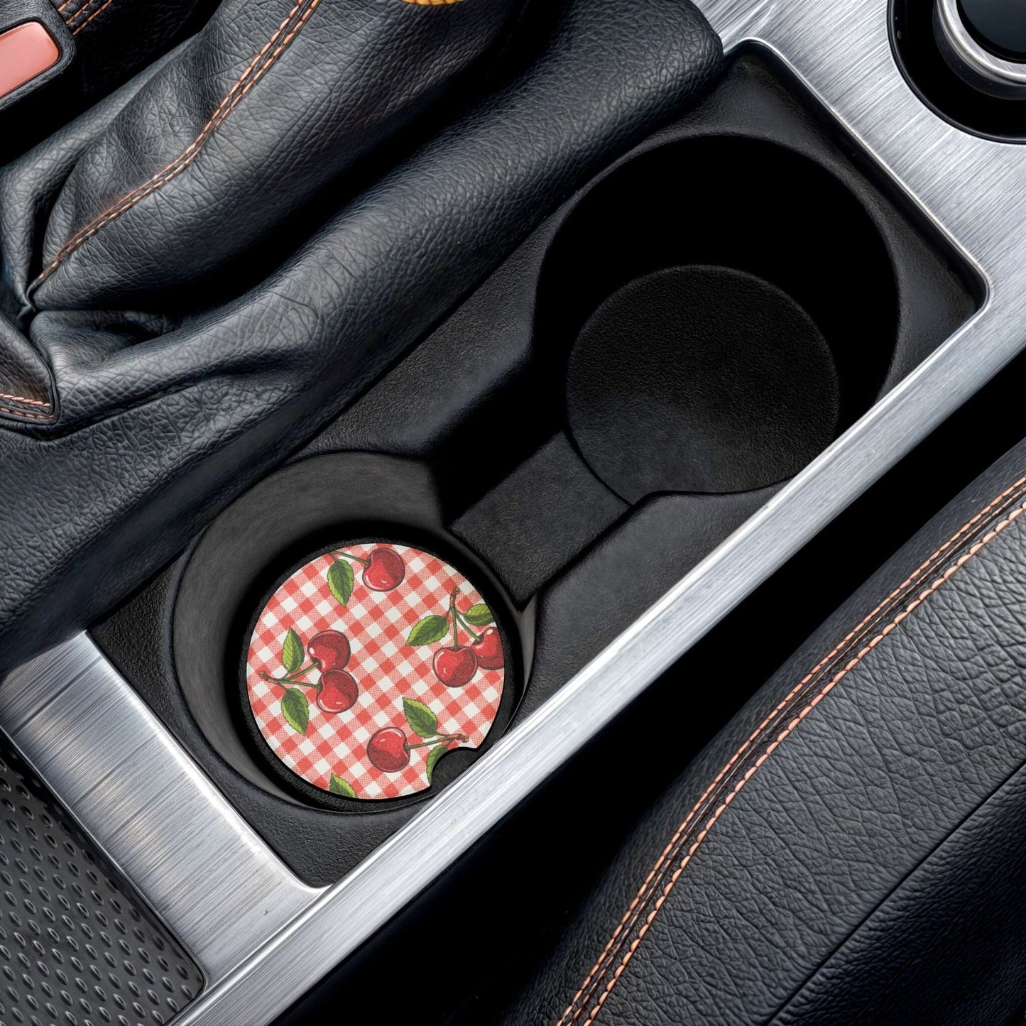 Checkered Cherries Car Coaster, Summer Fruit Car Decor • Cute Car Accessories Home Decor Printify