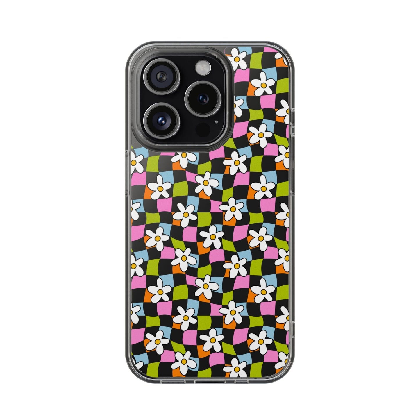 Trendy y2k Aesthetic iPhone Cases, Clear Phone Case • Checkered Daisy Phone Case Designed to fit most iPhone and Samsung Models Phone Case Printify iPhone 15 Pro Without gift packaging