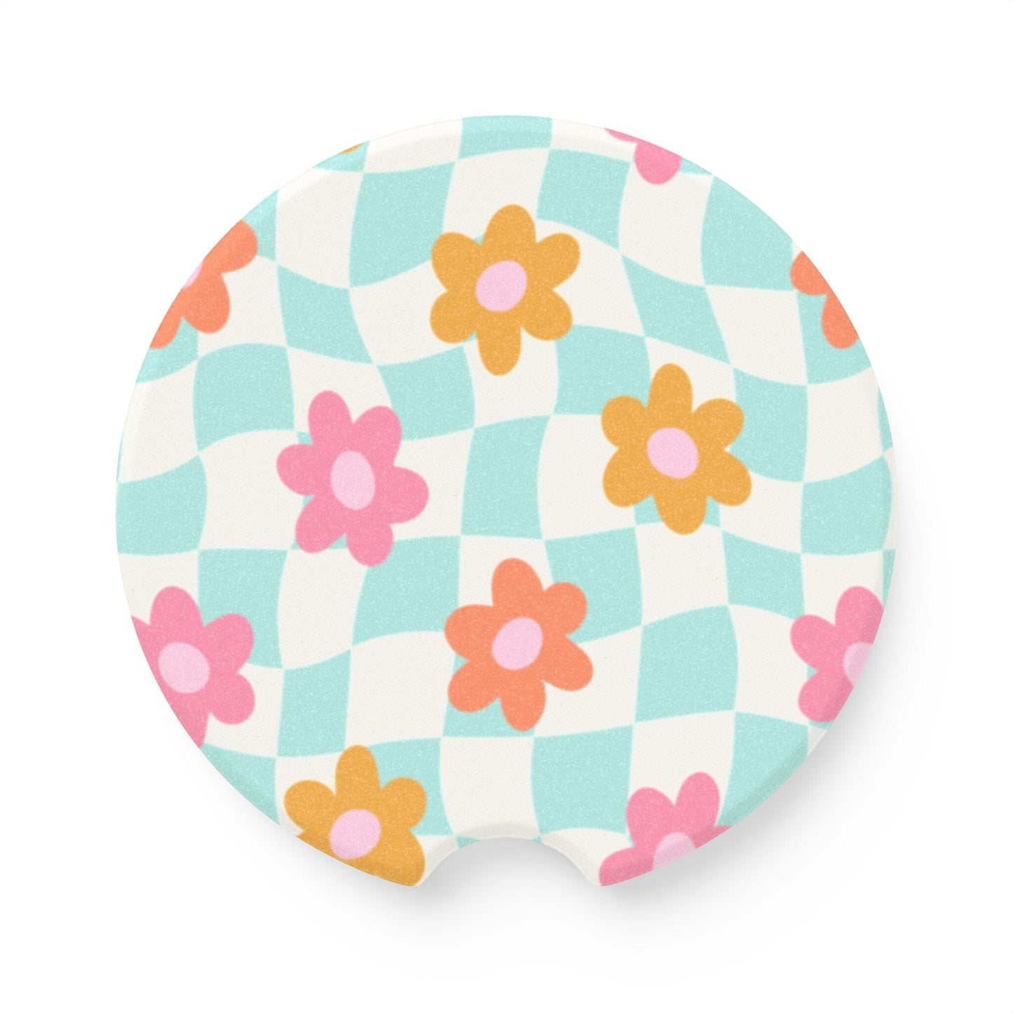 Coconut Girl Checkered Daisy Car Coaster, Retro Flower Design • Cute Car Accessories Home Decor Printify 2.6'' × 2.6" 1pc