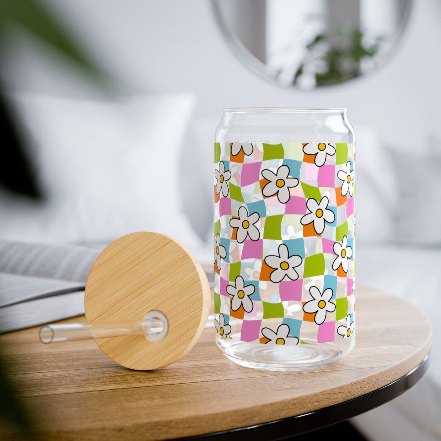 Coconut Girl Blue Checkered Daisy Iced Coffee Cup • Cute Summer Drinkware Mug Printify