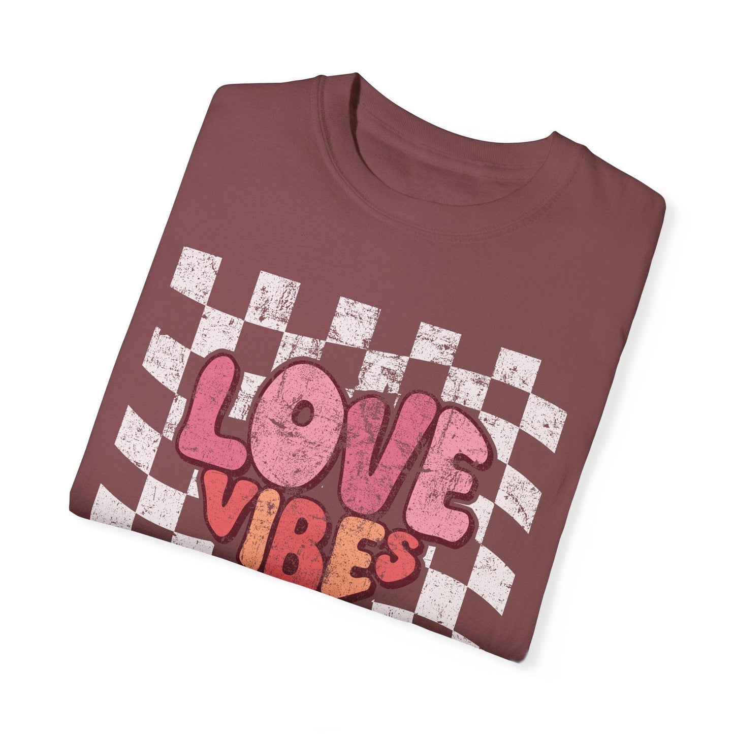 Vintage Love Vibes Valentine's Day Shirt | Comfort Colors T-shirts | Retro Font Heart Shirt | Distressed Checker Heart Love Gift for Wife T-Shirt Printify