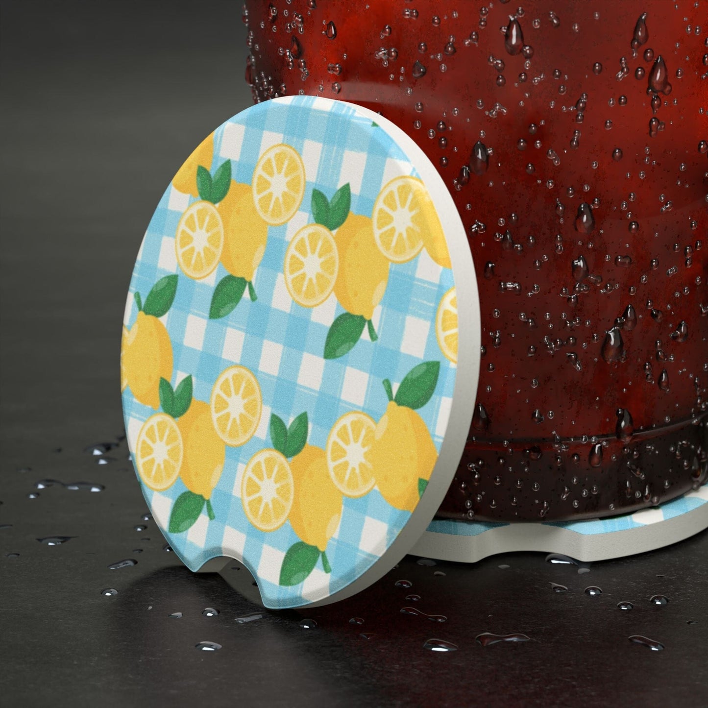 Summer Lemons Car Coaster, Fruit Drink Cup Coasters for Car • Cute Car Accessories Home Decor Printify