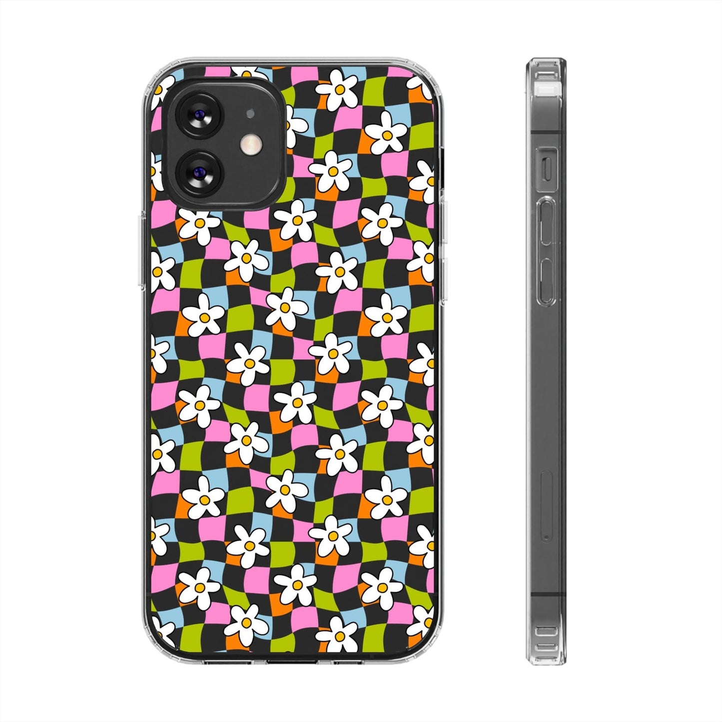 Trendy y2k Aesthetic iPhone Cases, Clear Phone Case • Checkered Daisy Phone Case Designed to fit most iPhone and Samsung Models Phone Case Printify iPhone 12 Without gift packaging