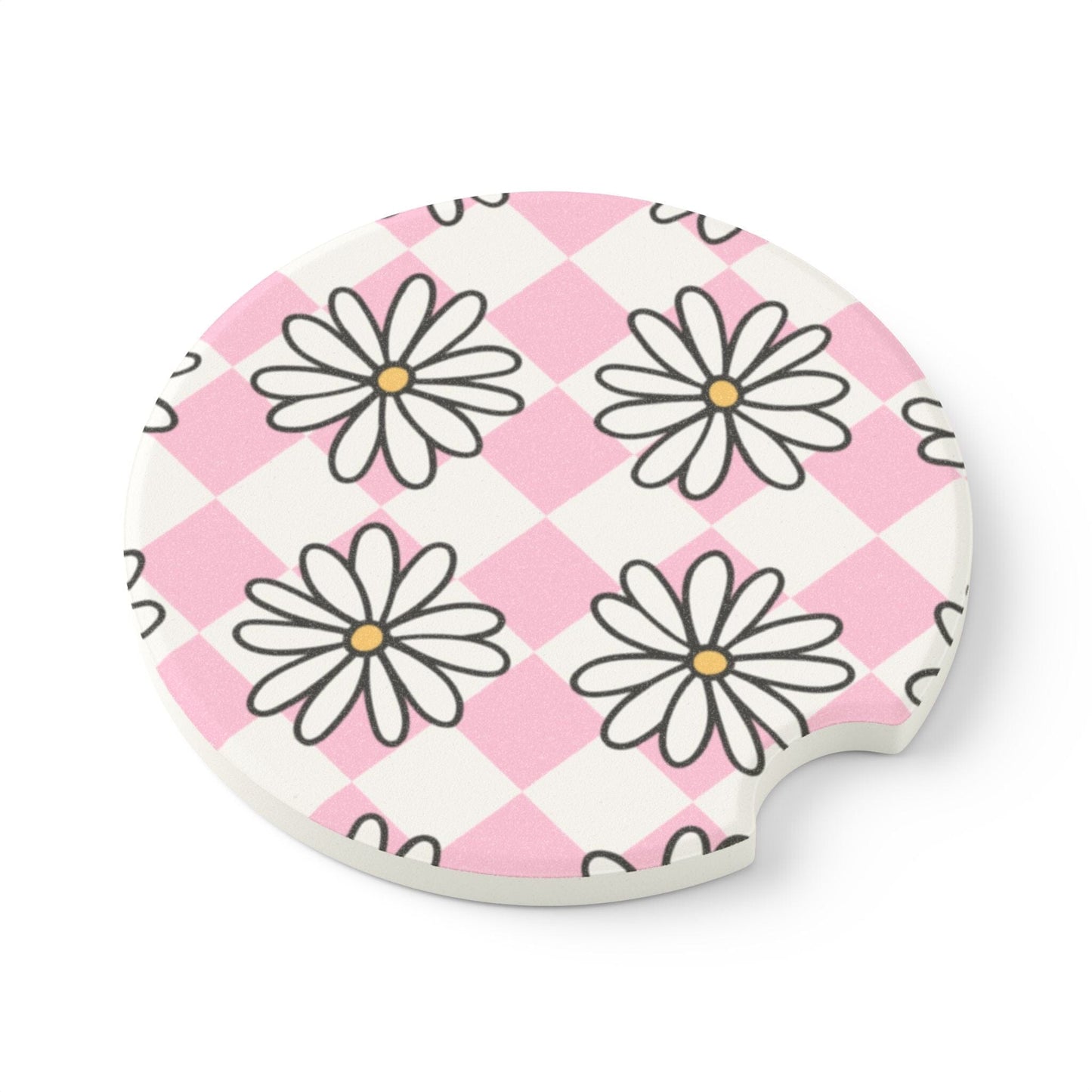 Coquette Checkered Daisy Car Coasters, Summer Car Cup Holder • Cute Car Accessories Home Decor Printify