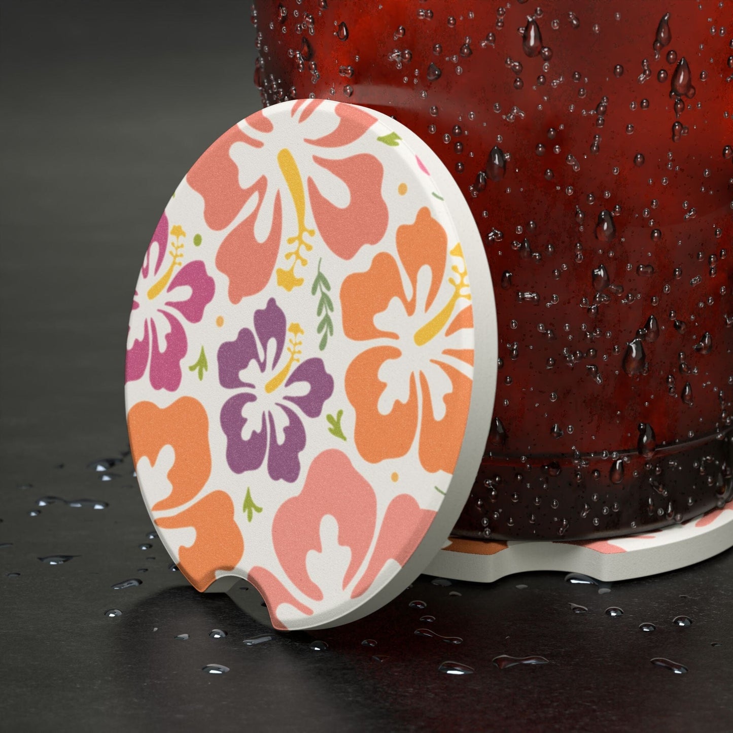 Tropical Floral Car Coaster, Hibiscus Flower Drink Cup Holder Coaster• Cute Car Accessories Home Decor Printify
