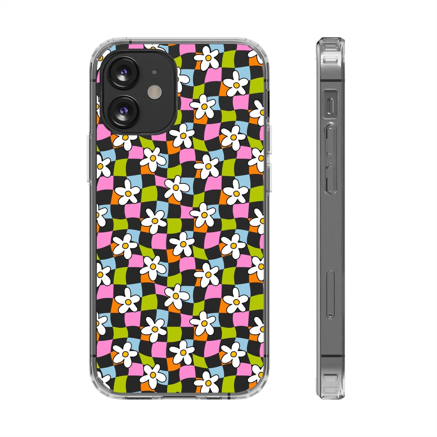 Trendy y2k Aesthetic iPhone Cases, Clear Phone Case • Checkered Daisy Phone Case Designed to fit most iPhone and Samsung Models Phone Case Printify iPhone 12 Mini Without gift packaging
