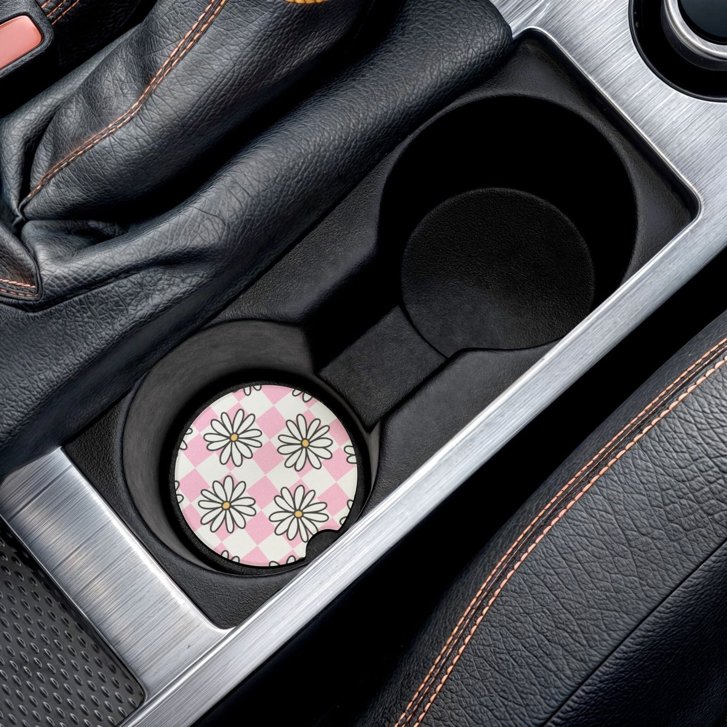 Coquette Checkered Daisy Car Coasters, Summer Car Cup Holder • Cute Car Accessories Home Decor Printify