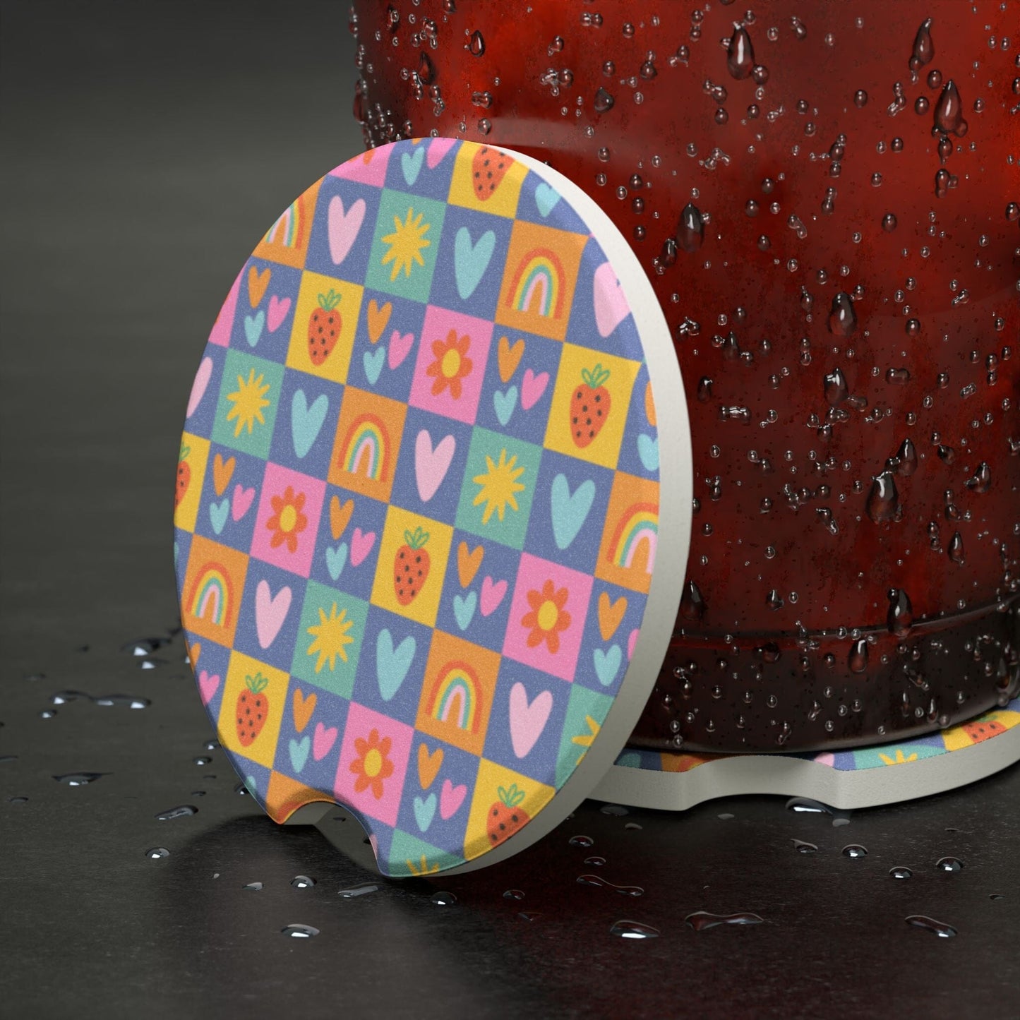 Colorful Checkered Car Coaster, Coquette Aesthetic Drink Holder Coaster • Cute Car Accessories Home Decor Printify