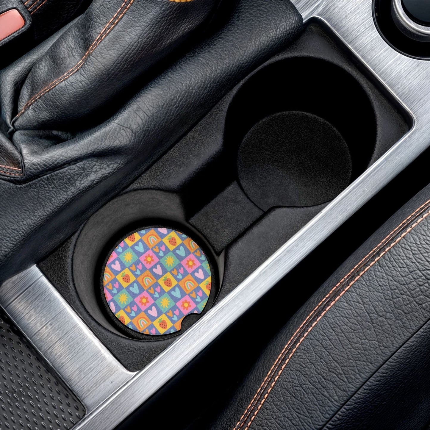 Colorful Checkered Car Coaster, Coquette Aesthetic Drink Holder Coaster • Cute Car Accessories Home Decor Printify
