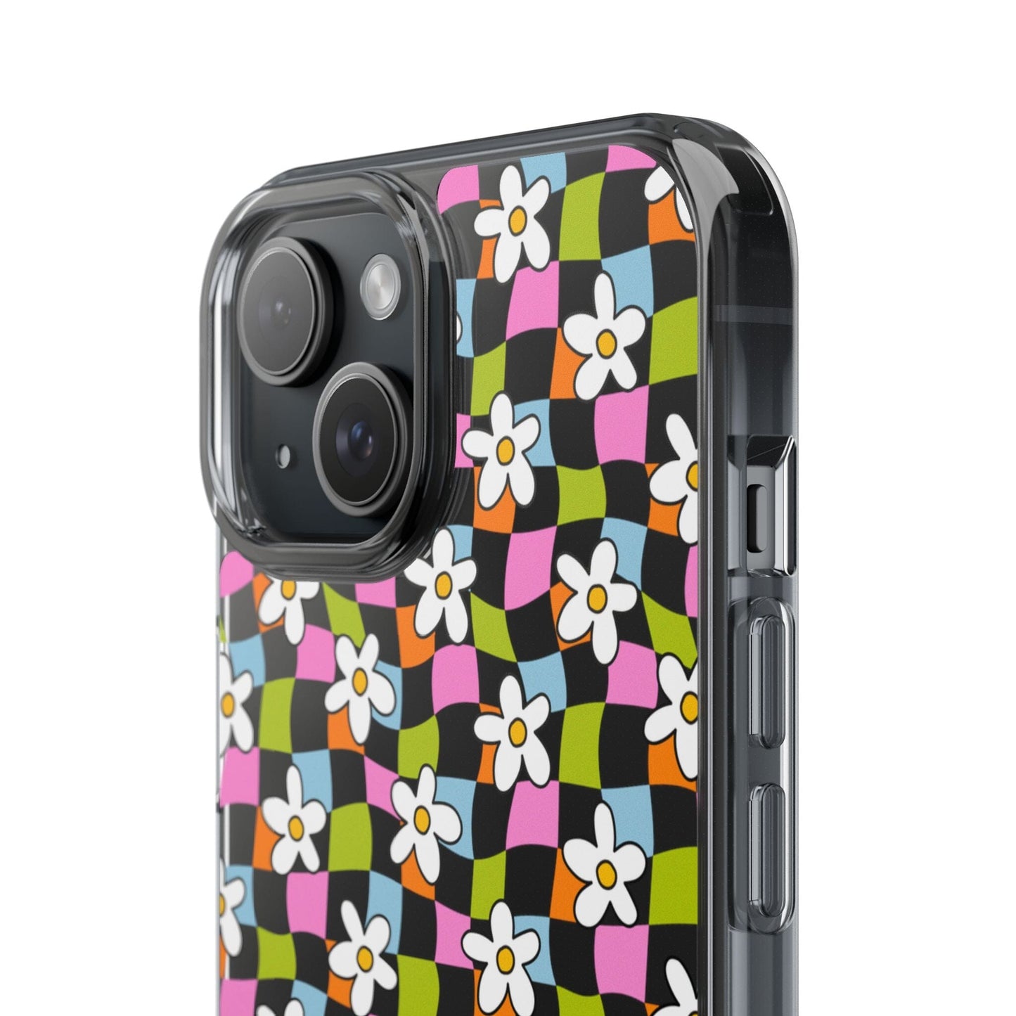 Trendy y2k Aesthetic iPhone Cases, Clear Phone Case • Checkered Daisy Phone Case Designed to fit most iPhone and Samsung Models Phone Case Printify