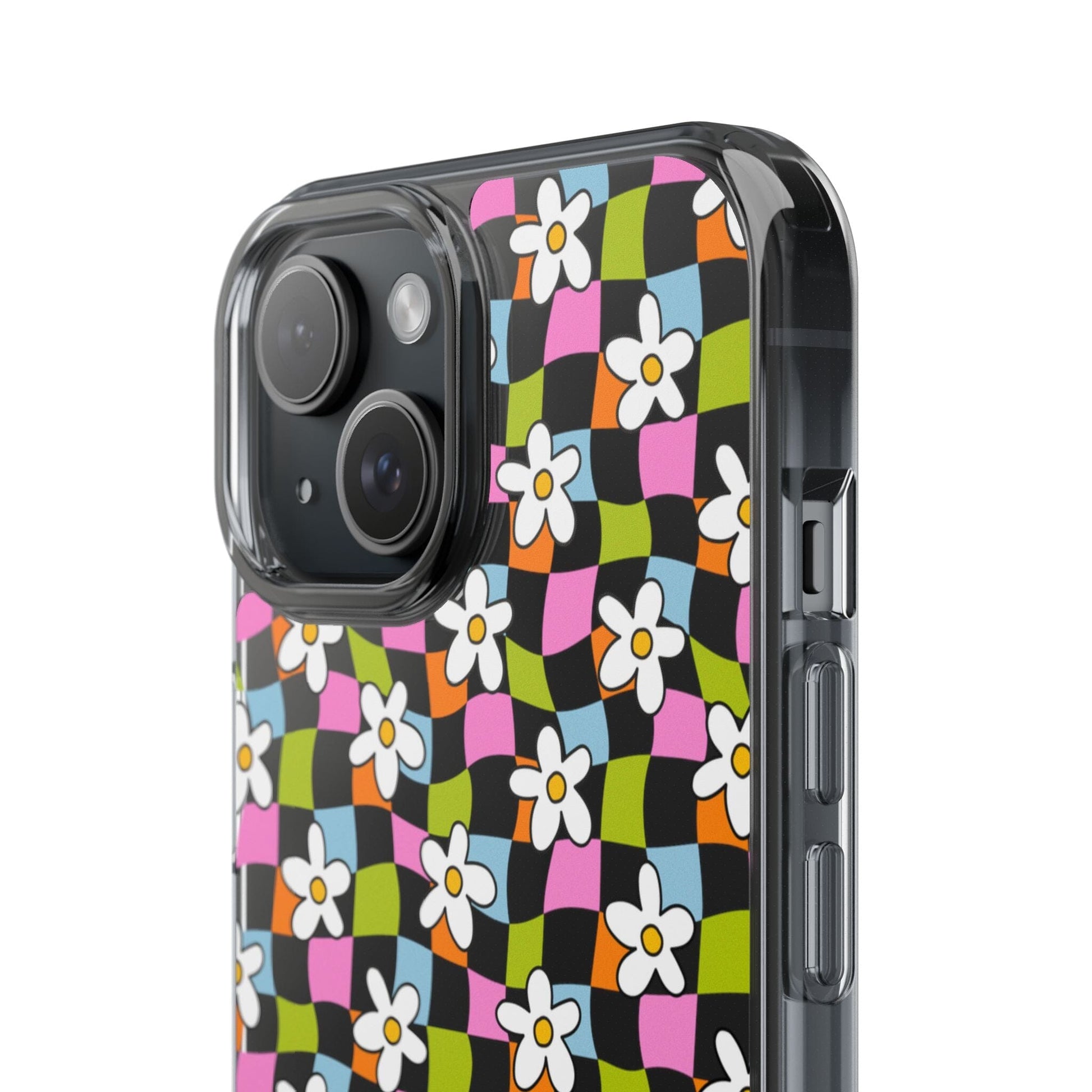 Trendy y2k Aesthetic iPhone Cases, Clear Phone Case • Checkered Daisy Phone Case Designed to fit most iPhone and Samsung Models Phone Case Printify