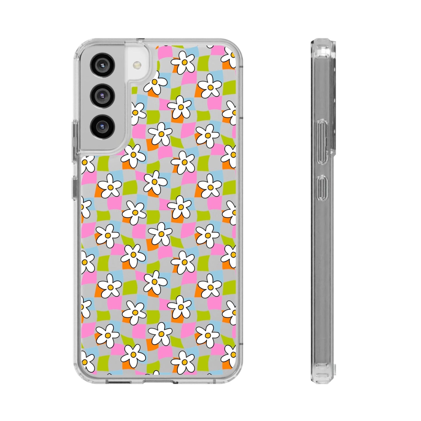 Trendy y2k Aesthetic iPhone Cases, Clear Phone Case • Checkered Daisy Phone Case Designed to fit most iPhone and Samsung Models Phone Case Printify Samsung Galaxy S22 Plus Without gift packaging
