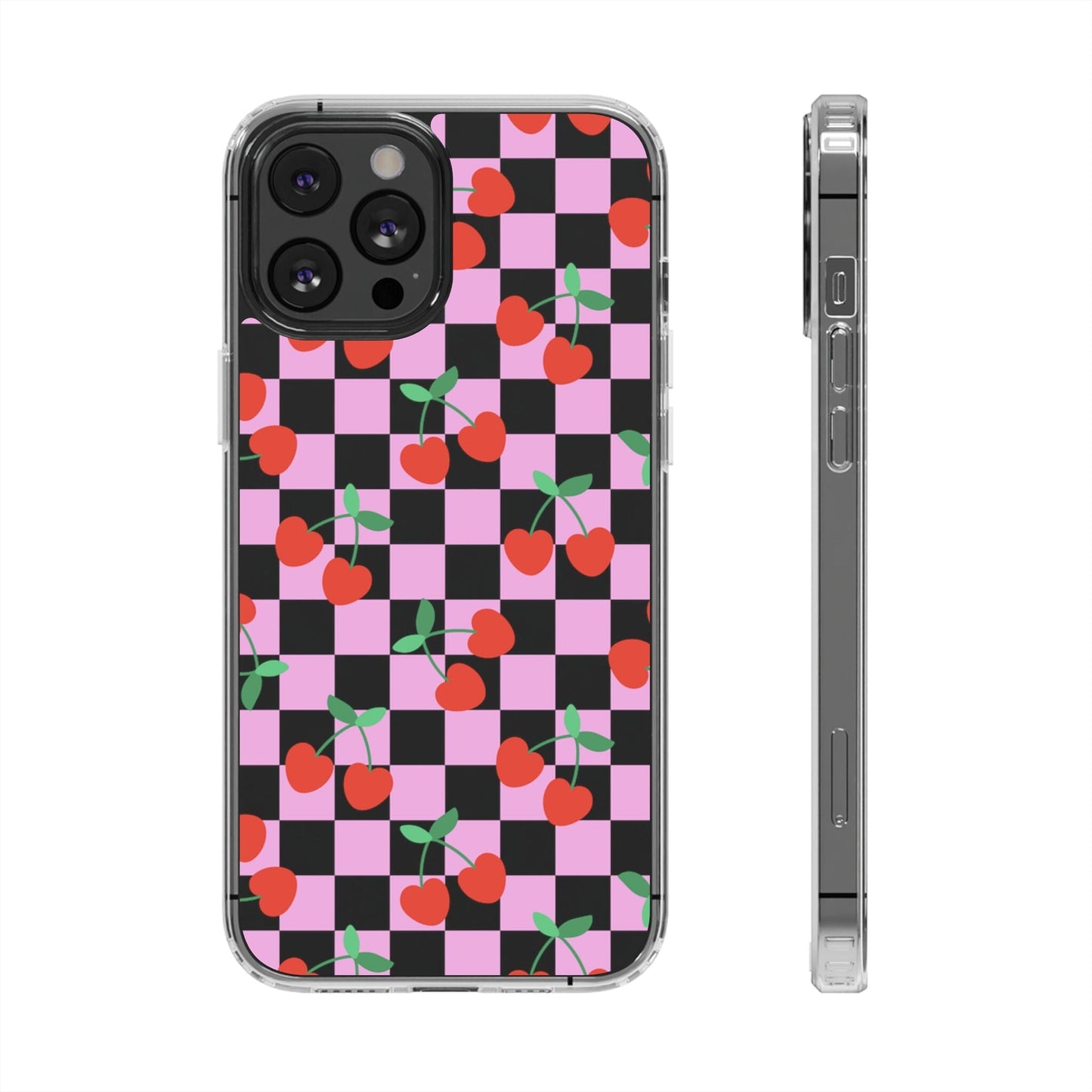 iPhone 16 Clear Case, Pink Checkered Cherry Phone Case • y2K Aesthetic Phone Cases Designed to fit most iPhone and Samsung Models Phone Case Printify iPhone 12 Pro Max Without gift packaging