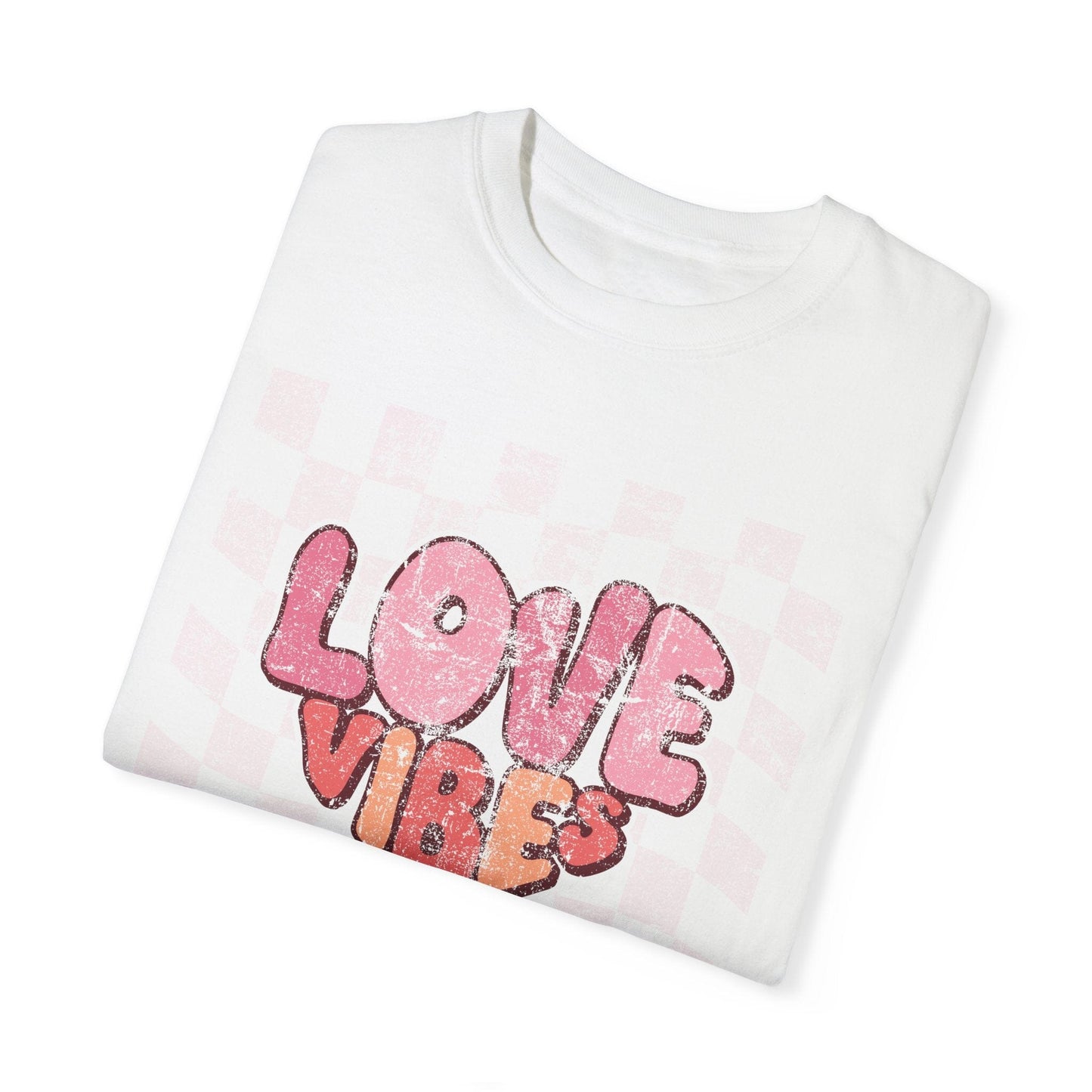 Vintage Love Vibes Valentine's Day Shirt | Comfort Colors T-shirts | Retro Font Heart Shirt | Distressed Checker Heart Love Gift for Wife T-Shirt Printify