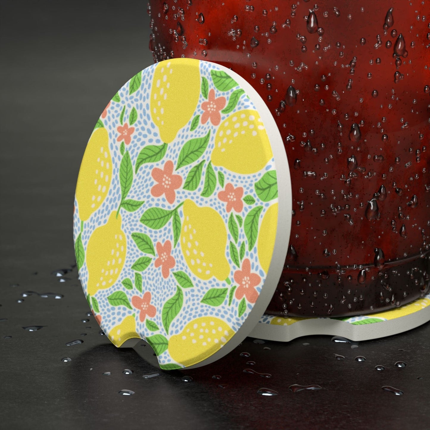 Limoncello Car Coasters, Lemon Floral Cup Holder Coaster • Cute Car Accessories Home Decor Printify