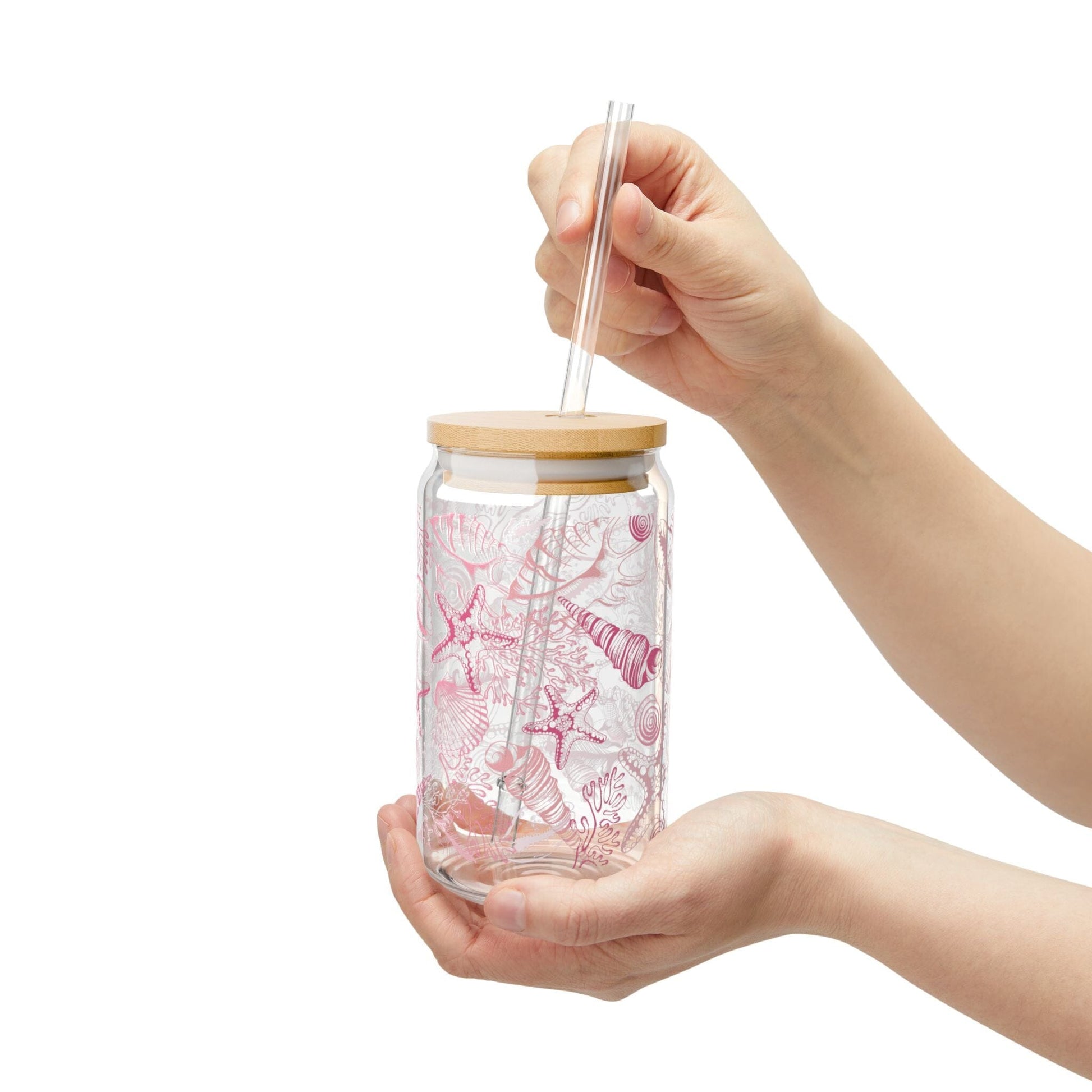 Beachy Shells Sipper Glass - 16oz, Eco-friendly Drinkware for Summer Parties and Coastal Vibes Mug Printify