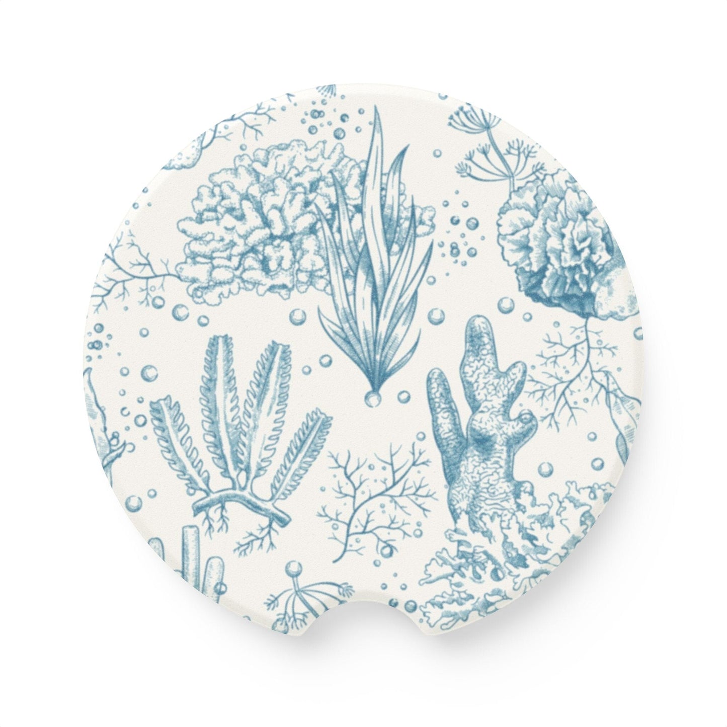 Blue Toile Car Coaster, Summer Cup Holder Coaster, Seashell Coasters for Car, Trendy Summer Chinoiserie, Set of 2 Soapstone Car Coasters Home Decor Printify