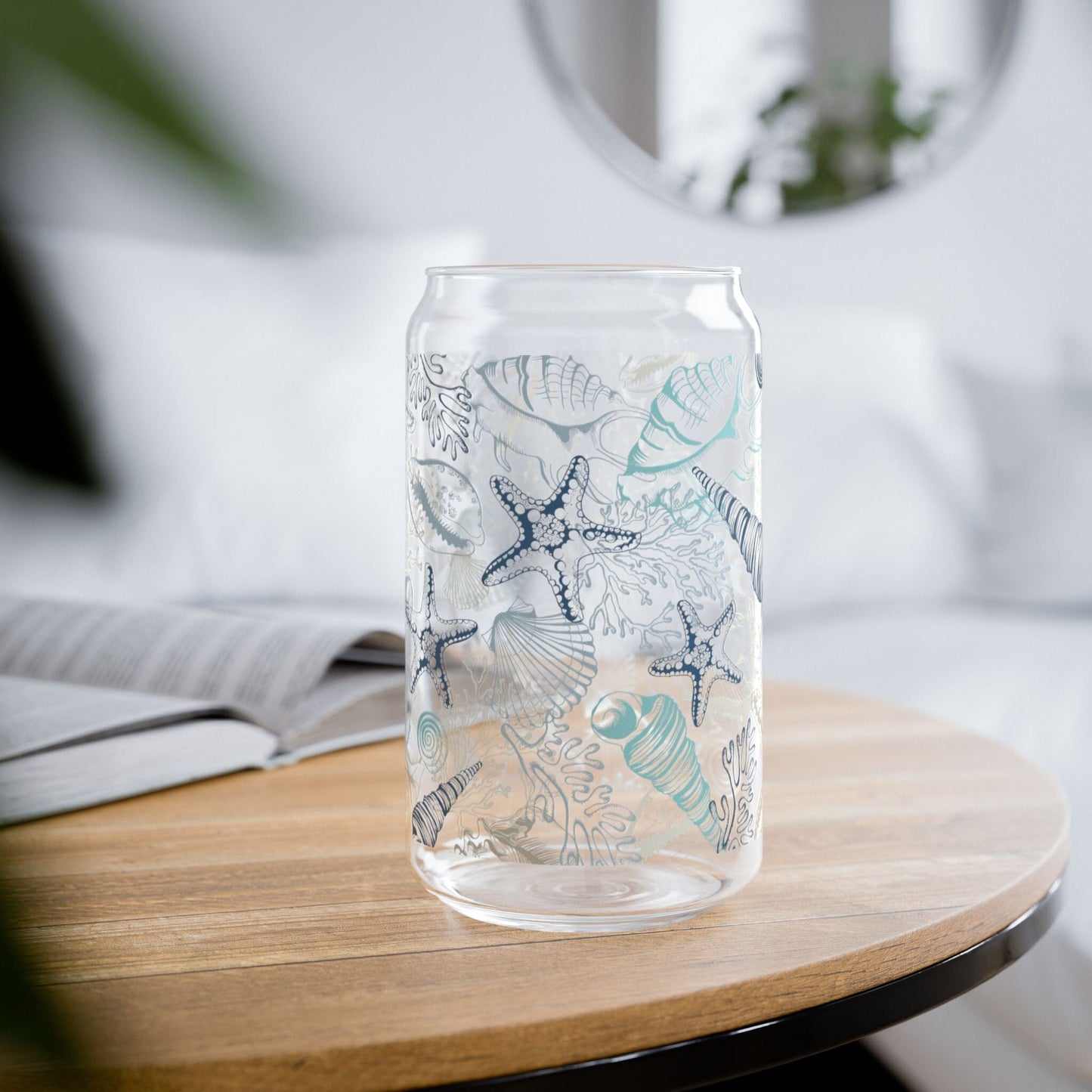 Coastal Vibes Blue Seashell Sipper Glass • 16oz Ocean-Inspired Iced Coffee Cup Mug Printify