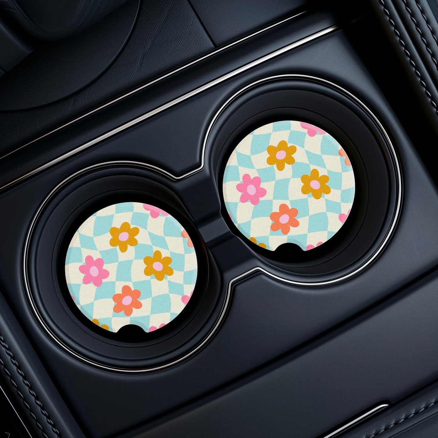 Coconut Girl Checkered Daisy Car Coaster, Retro Flower Design • Cute Car Accessories Home Decor Printify