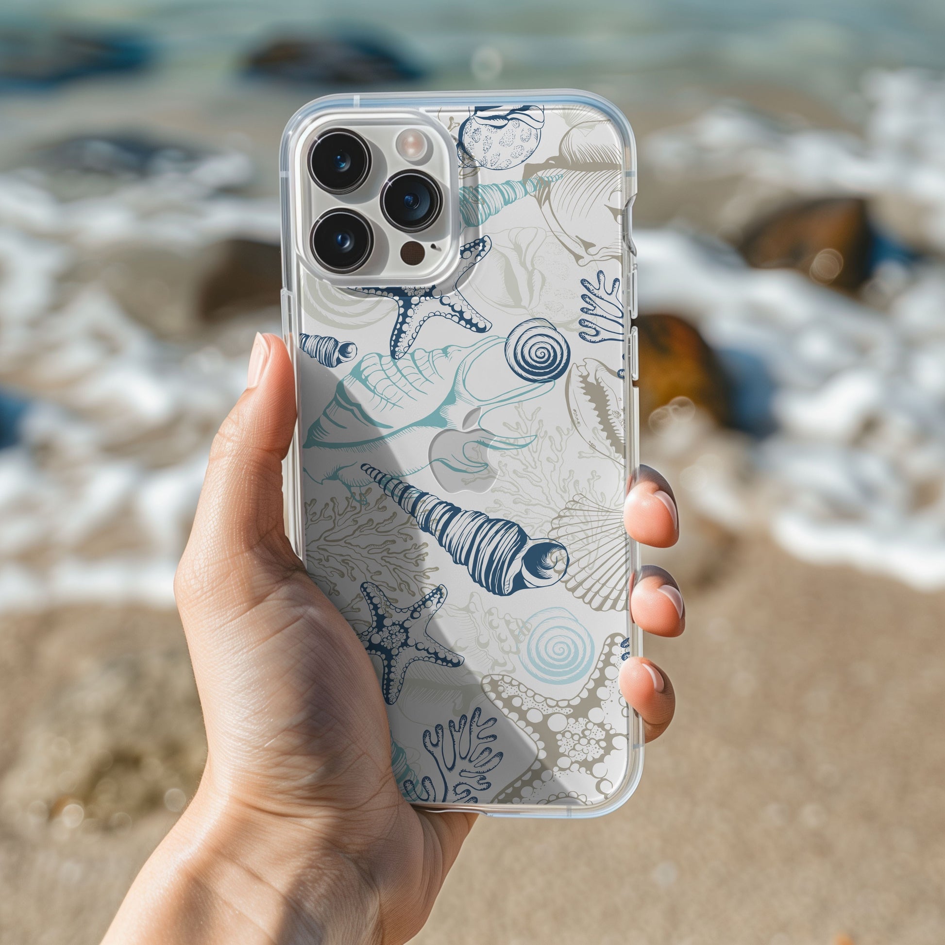 Clear iPhone Case • Blue Seashells Phone Case - Fits Most iPhone and Samsung Phones Phone Case Printify iPhone 16