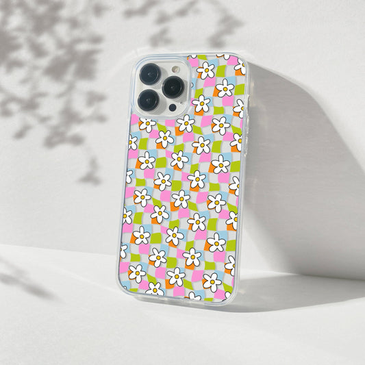 Trendy y2k Aesthetic iPhone Cases, Clear Phone Case • Checkered Daisy Phone Case Designed to fit most iPhone and Samsung Models Phone Case Printify