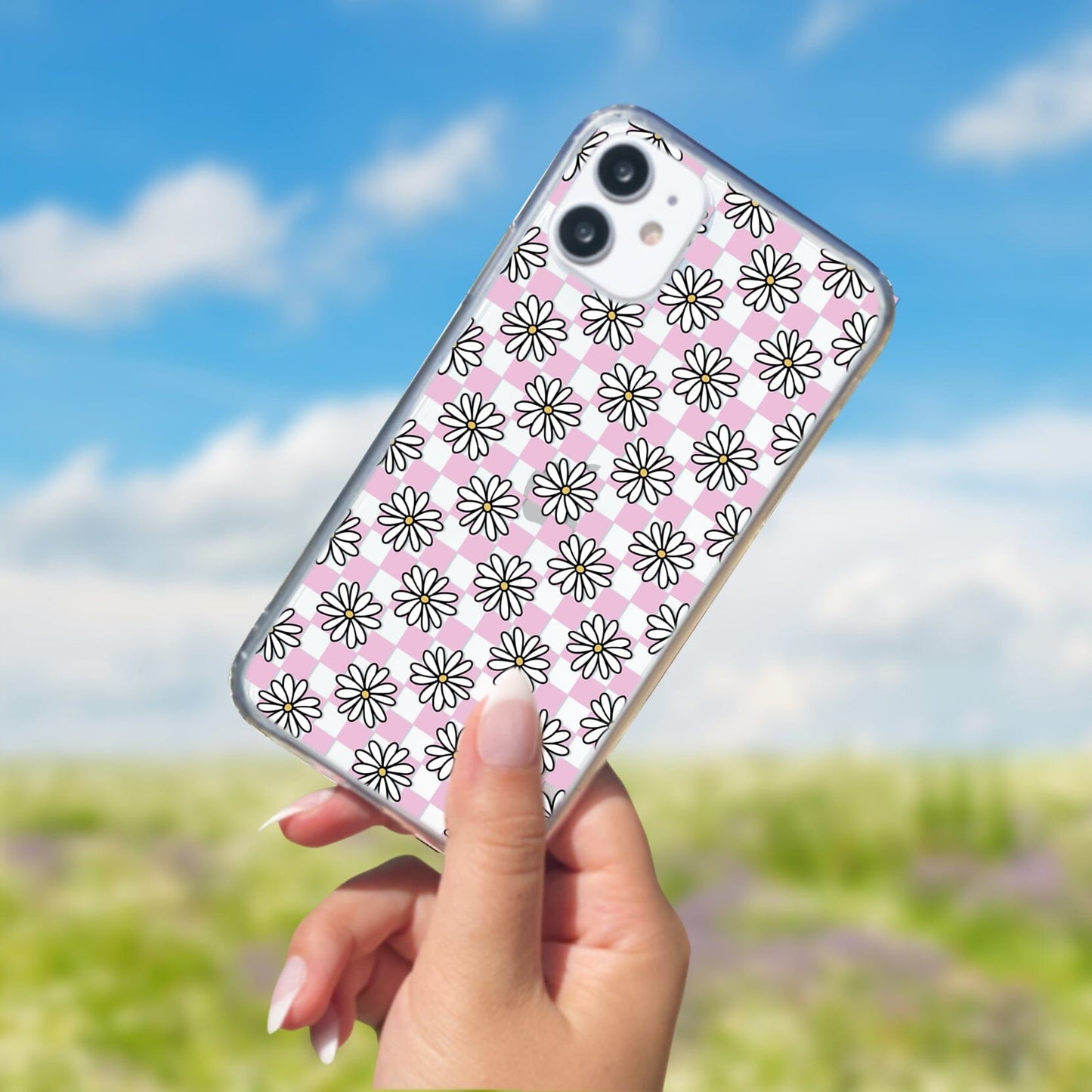 Clear iPhone Cases, Checkered Daisy Floral Phone Case • Cute Phone Cases Phone Case Printify iPhone 16 Without gift packaging