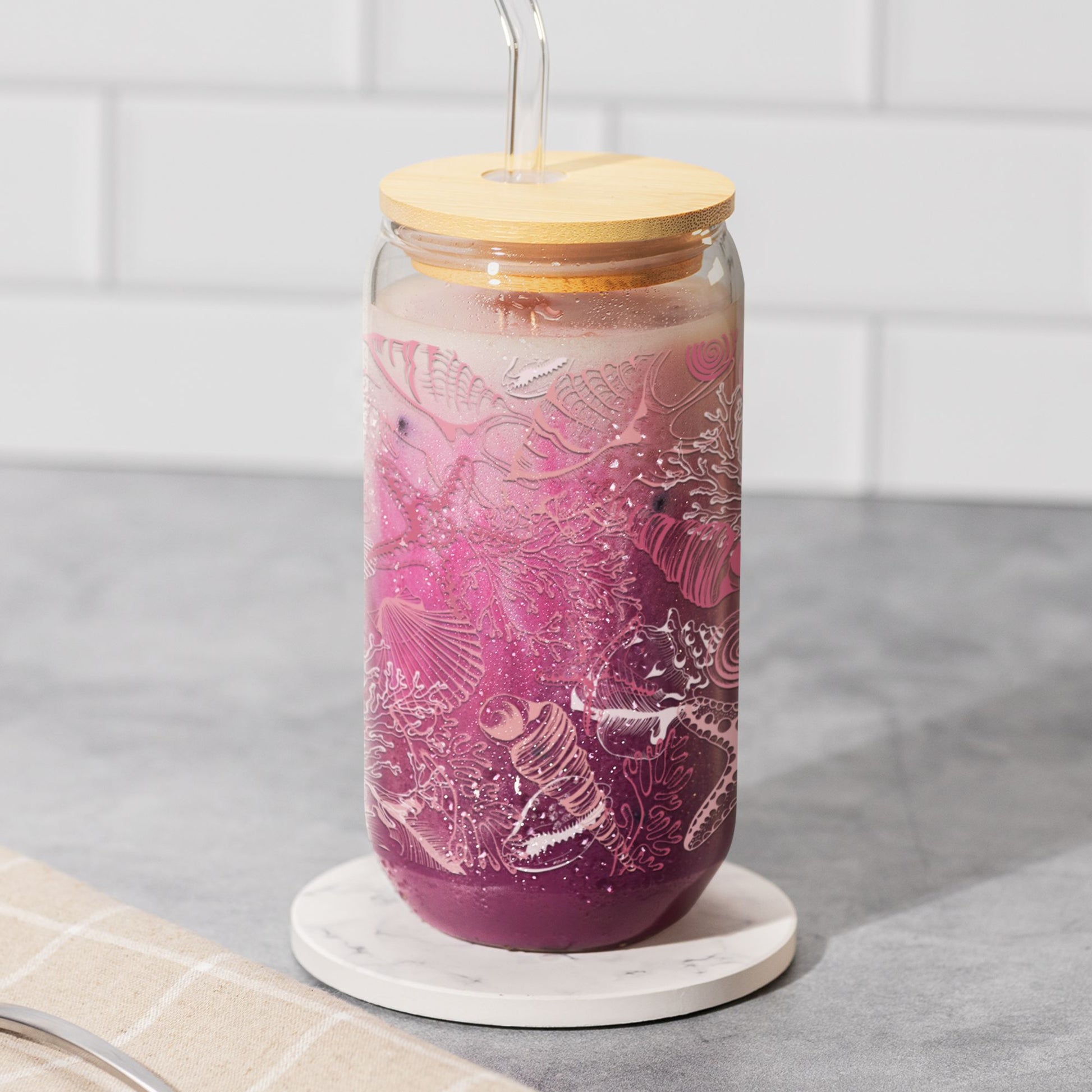 Pink Shells Sipper Glass • Coastal Vibes Beach House Decor Mug Printify