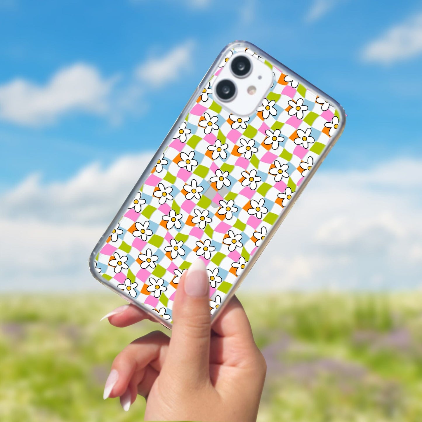 Trendy y2k Aesthetic iPhone Cases, Clear Phone Case • Checkered Daisy Phone Case Designed to fit most iPhone and Samsung Models Phone Case Printify