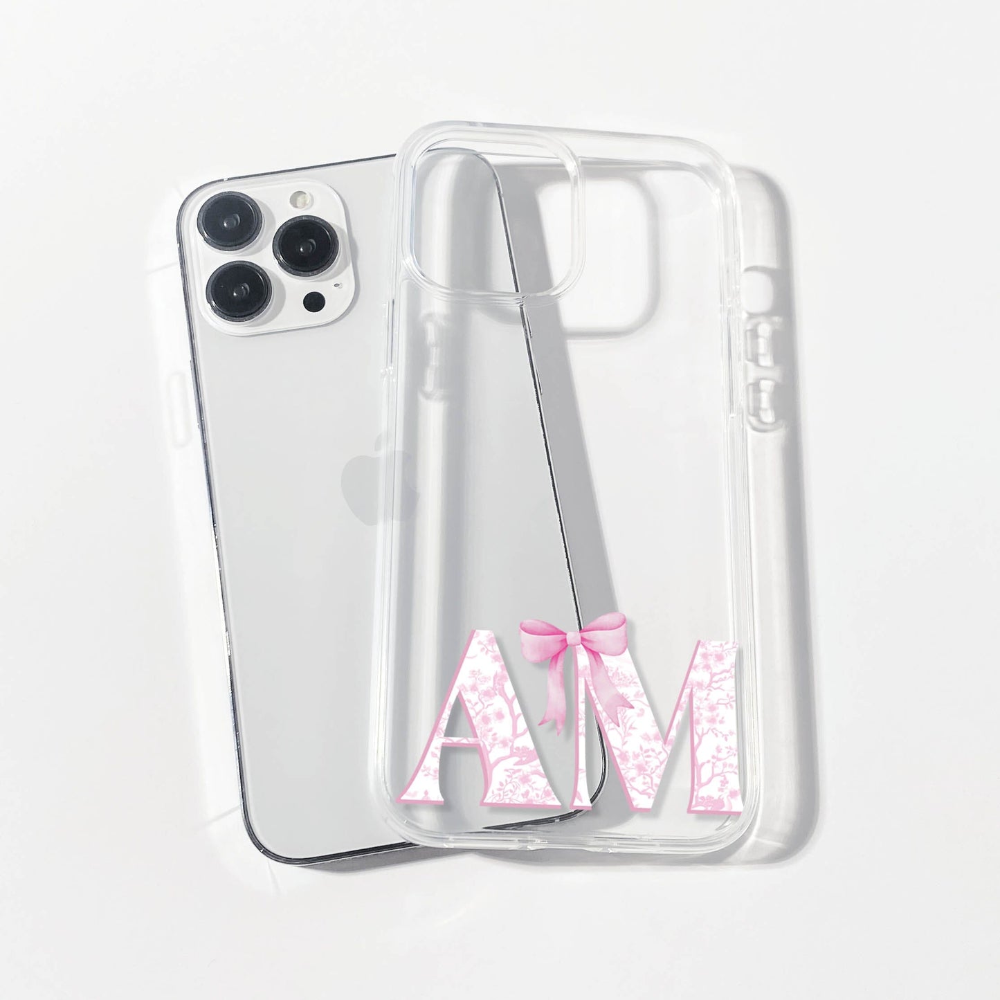 Coquette Initials, Pink 16 Pro Case, Clear Phone Case • Pink Chinoiseri Design Created to fit Most iPhone and Samsung Models Salmon Olive