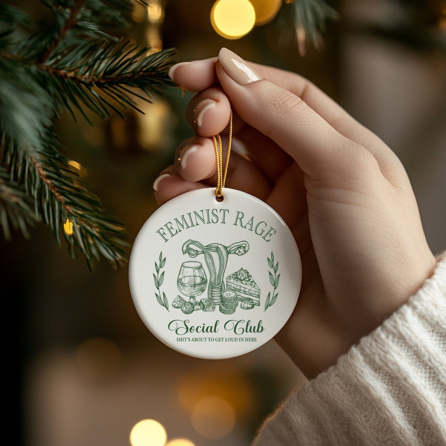 Feminist Rage Social Club Christmas Ornament, Green Home Decor Printify