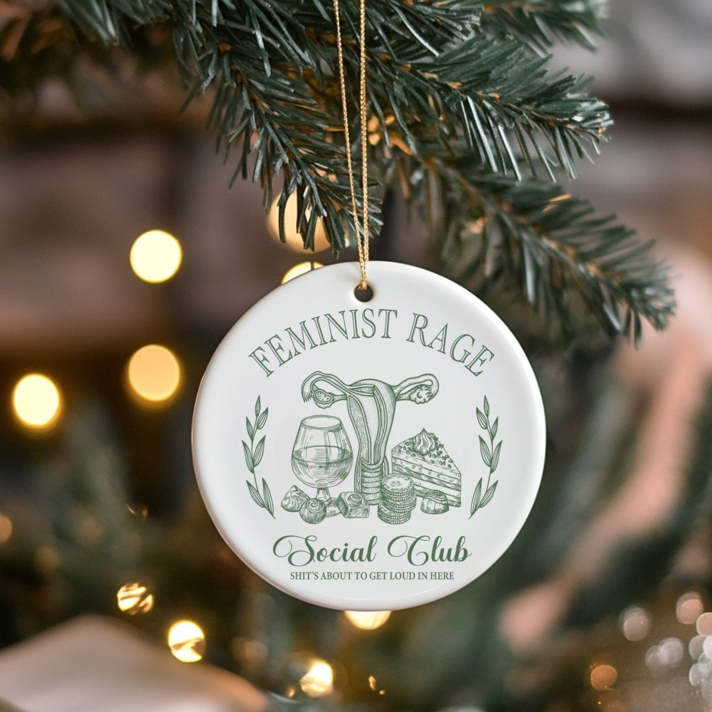 Feminist Rage Social Club Christmas Ornament, Green Home Decor Printify