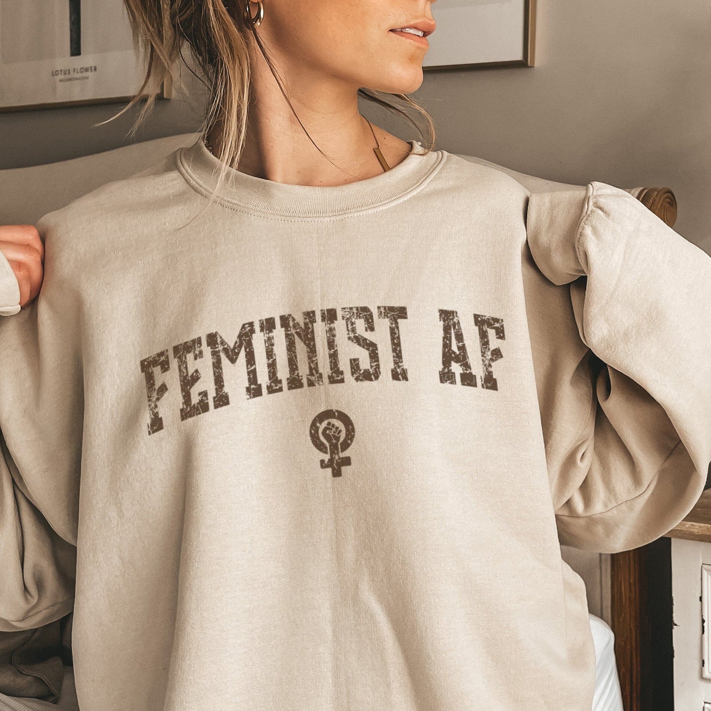 Feminist AF Sweatshirt, Womens Rights Shirts Female Empowerment Crewneck Sweatshirt Printify Sand S