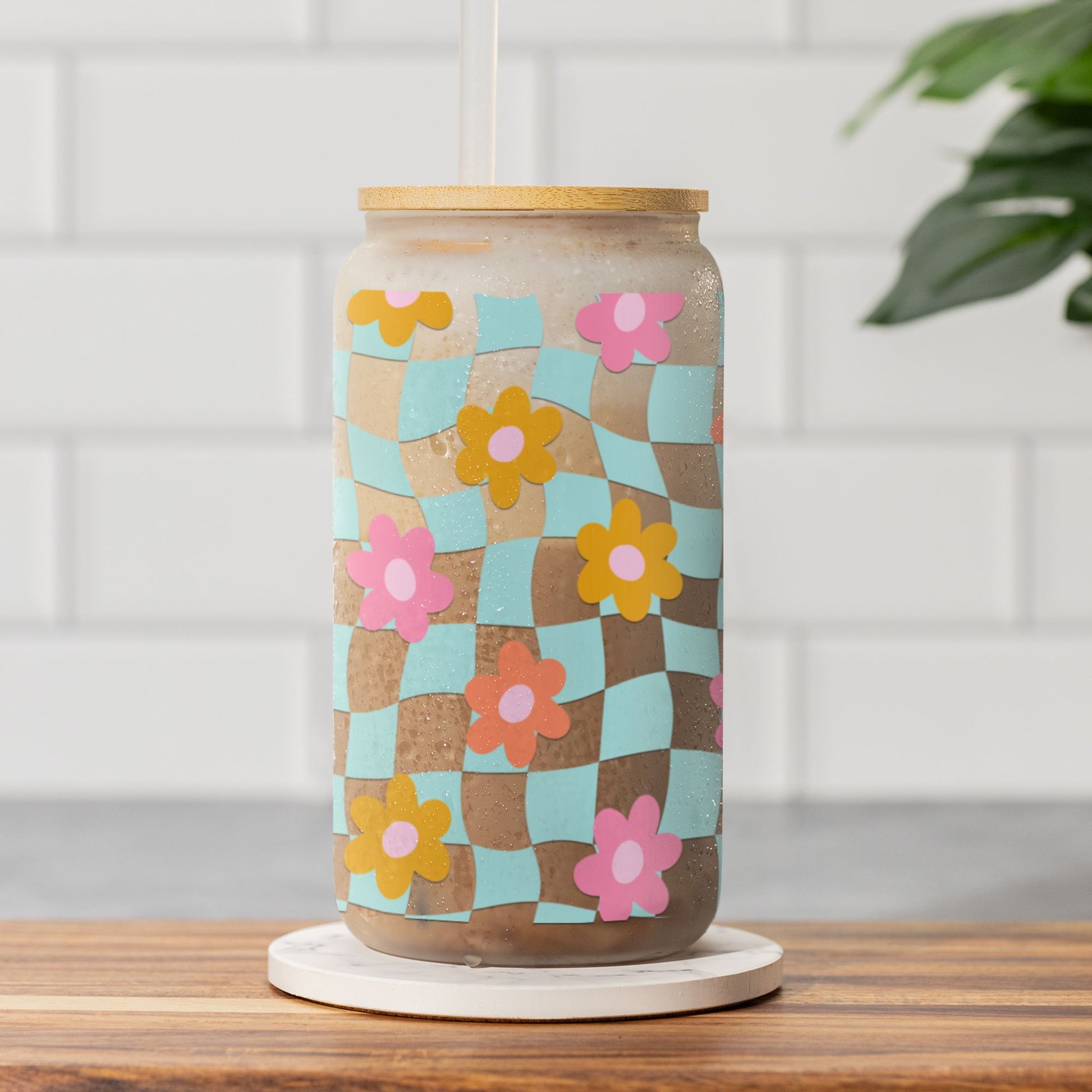 Coconut Girl Blue Checkered Daisy Sipper Cup • Cute Summer Iced Coffee Cup Mug Printify