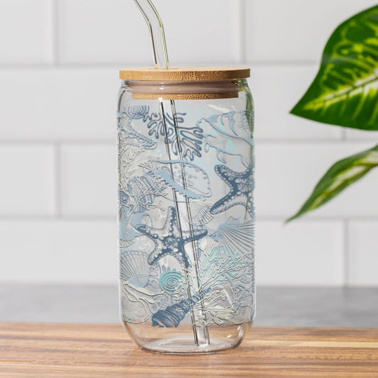 Coastal Vibes Blue Seashell Sipper Glass • 16oz Ocean-Inspired Iced Coffee Cup Mug Printify