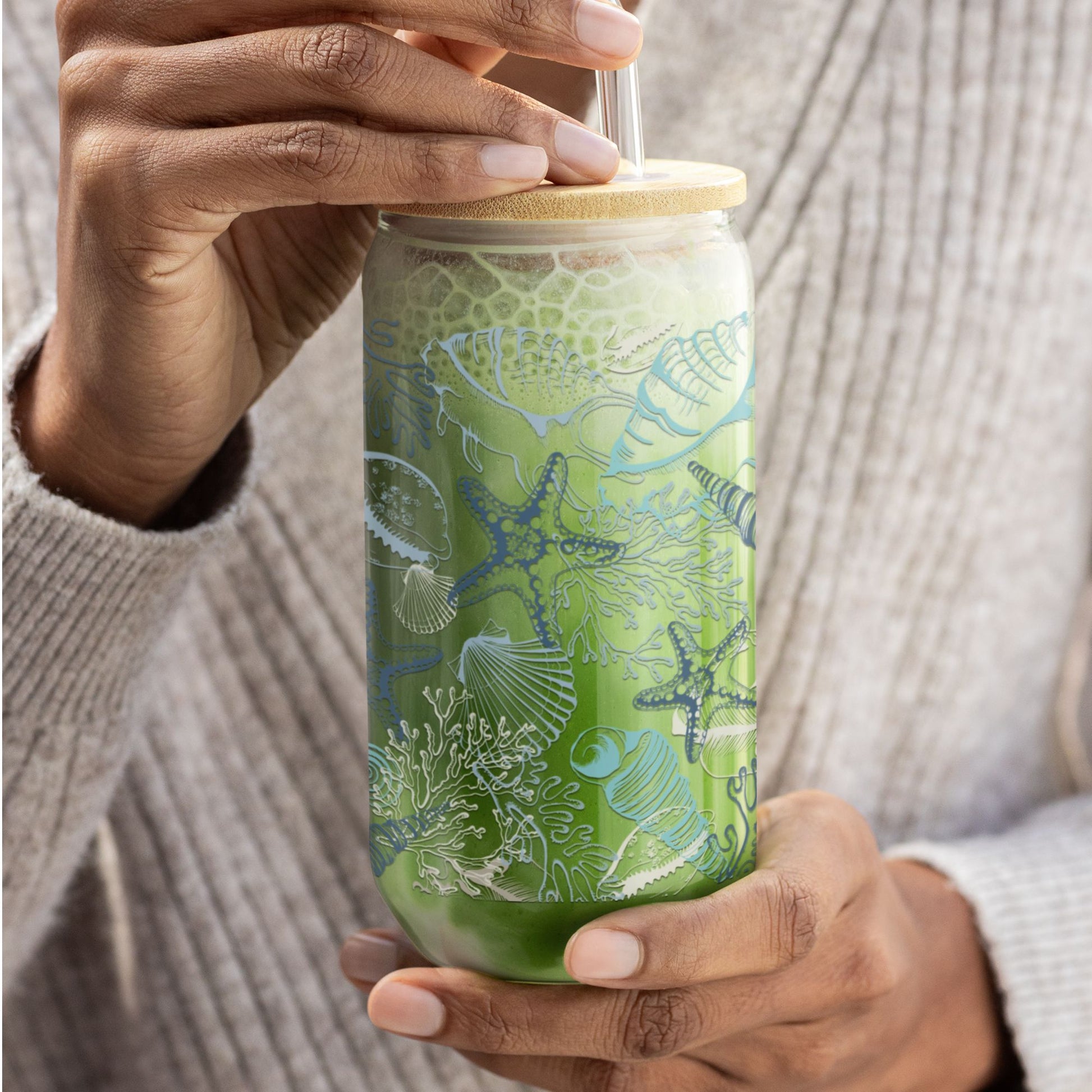 Coastal Vibes Blue Seashell Sipper Glass • 16oz Ocean-Inspired Iced Coffee Cup Mug Printify