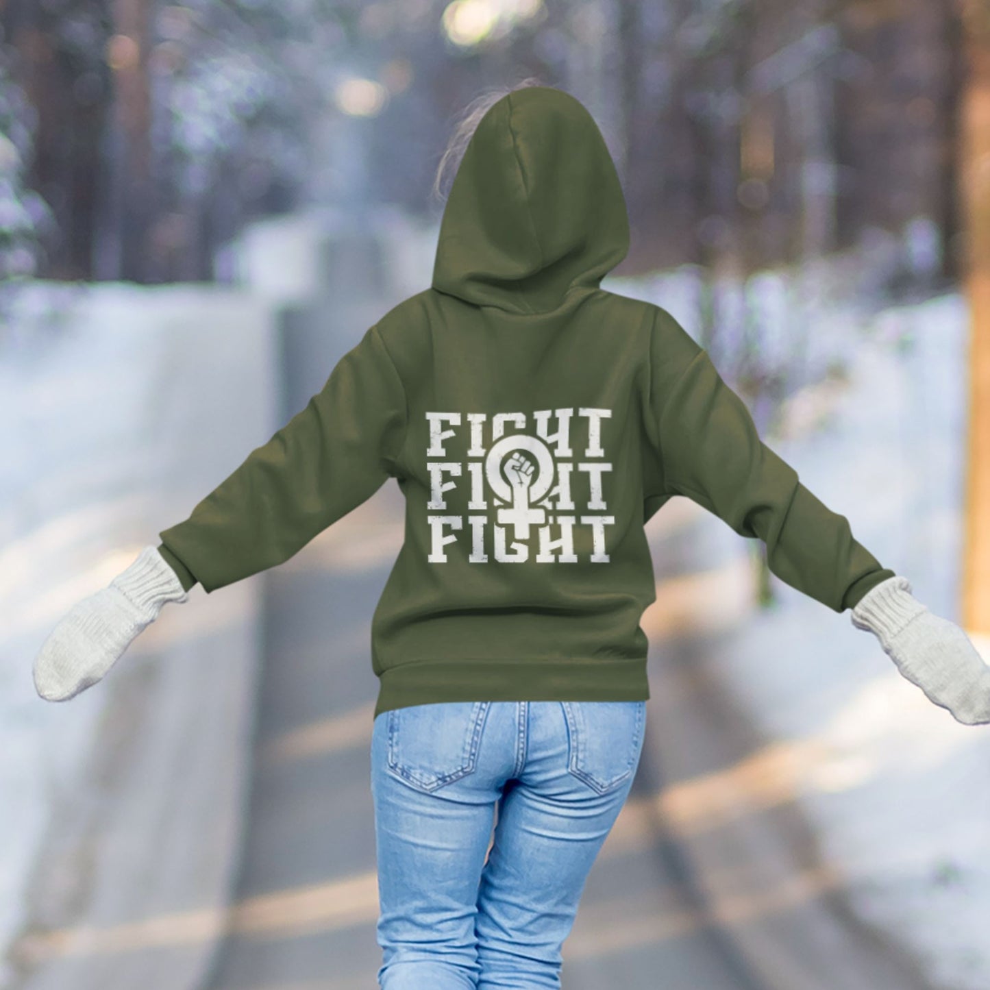 Fight Fight Fight Feminist Sweatshirt ~ Unisex Heavy Blend Hoodie Hoodie Printify S Military Green