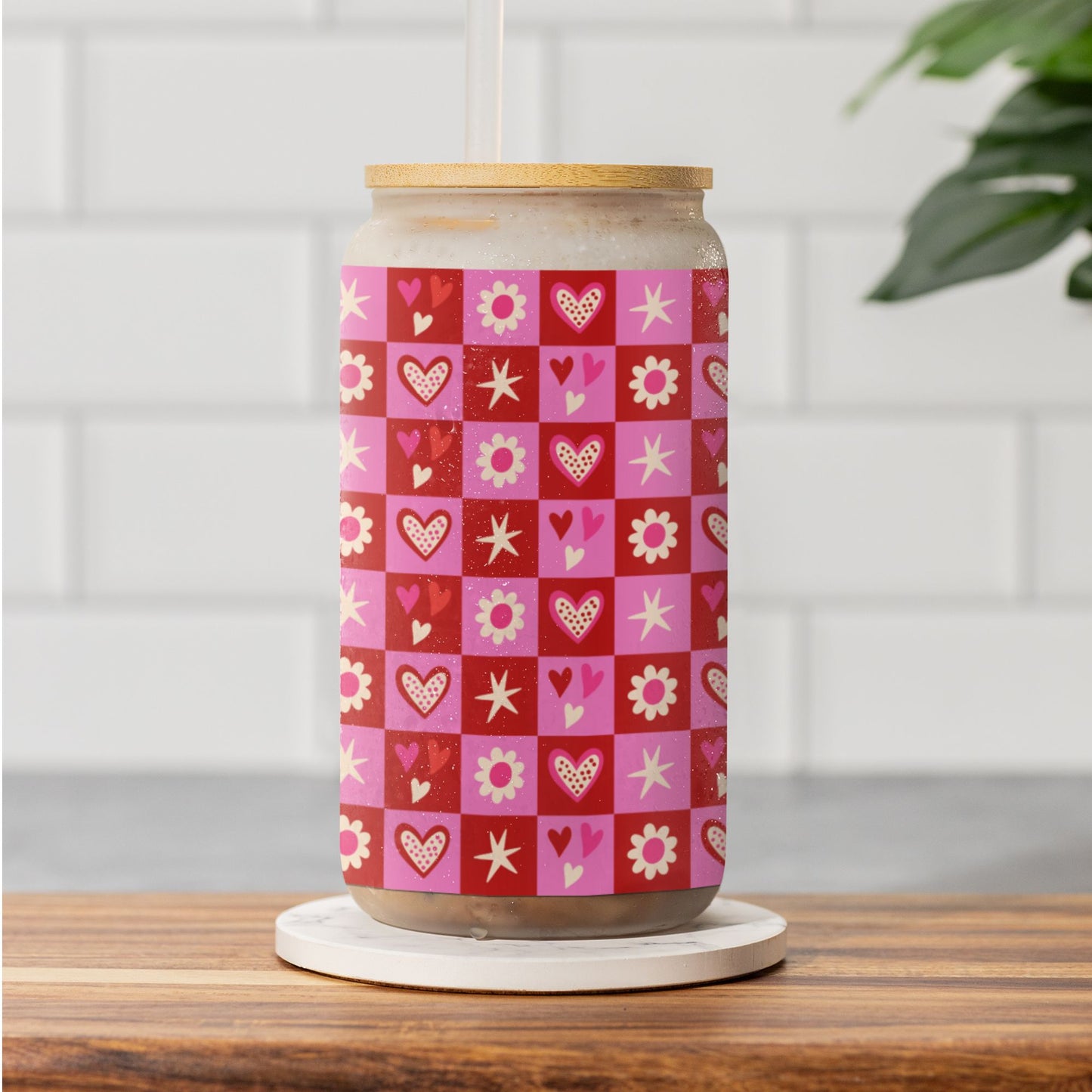 Coquette Hearts & Flowers Sipper Cup, Iced Coffee Cup with Lid Mug Printify