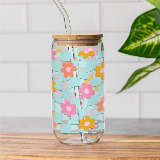 Coconut Girl Blue Checkered Daisy Sipper Cup • Cute Summer Iced Coffee Cup Mug Printify